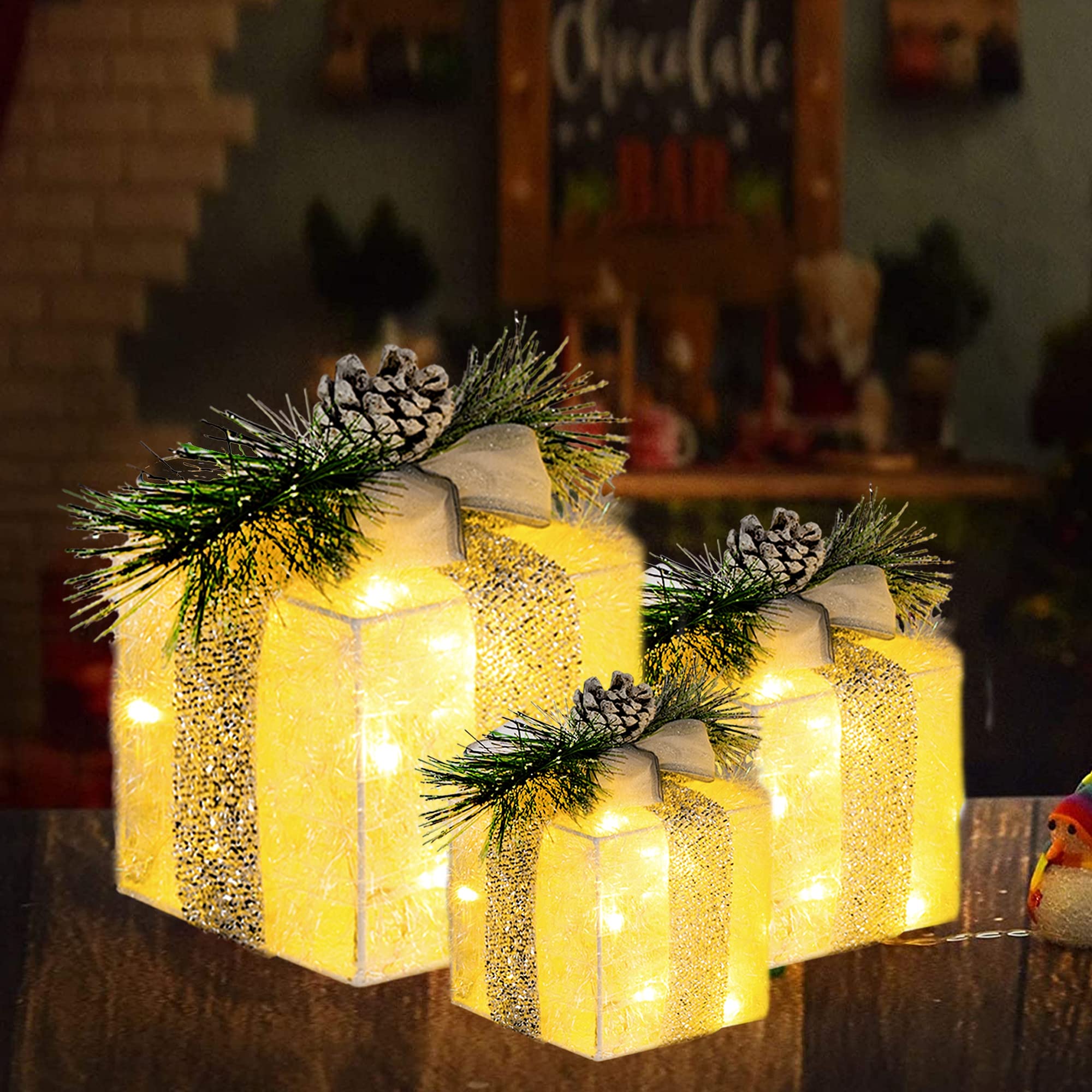 Hourleey Set of 3 Christmas Lighted Gift Boxes, Pre-lit 60 LED Light Up Present Boxes Ornament Outdoor Warm White Tinsel Boxes Decoration for Indoor Christmas Home Yard Lawn Decor - Image 2