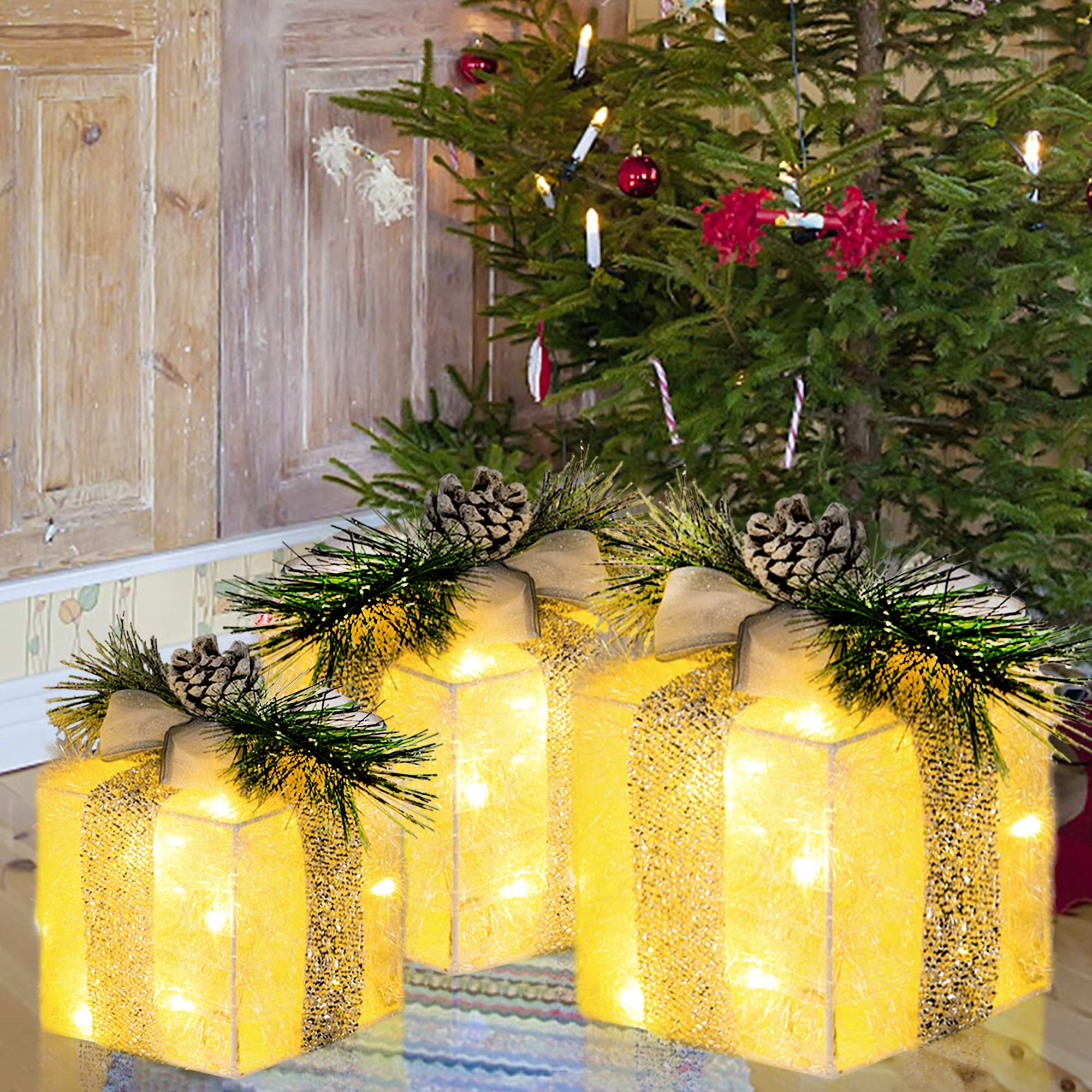 Hourleey Set of 3 Christmas Lighted Gift Boxes, Pre-lit 60 LED Light Up Present Boxes Ornament Outdoor Warm White Tinsel Boxes Decoration for Indoor Christmas Home Yard Lawn Decor - Image 3