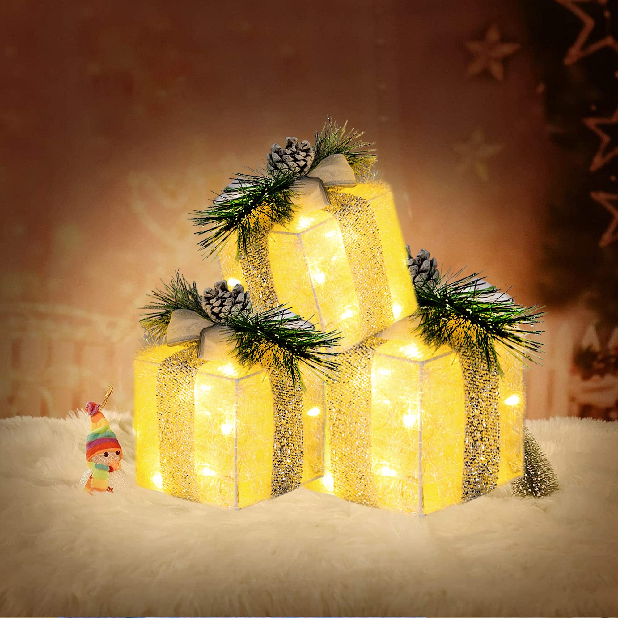 Hourleey Set of 3 Christmas Lighted Gift Boxes, Pre-lit 60 LED Light Up Present Boxes Ornament Outdoor Warm White Tinsel Boxes Decoration for Indoor Christmas Home Yard Lawn Decor - Image 4