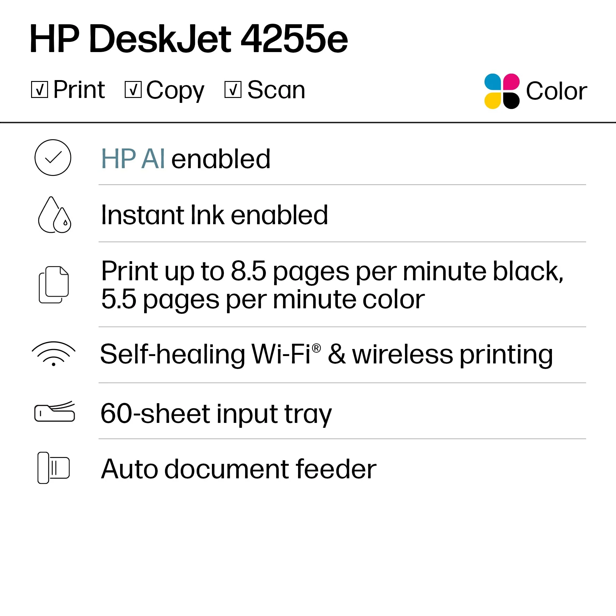 HP DeskJet 4255e Wireless All-in-One Color Inkjet Printer, Scanner, Copier, Best-for-home, 3 month Instant Ink trial included. This printer is only 2.4 ghz capable. AI-enabled (588S6A) - Image 3