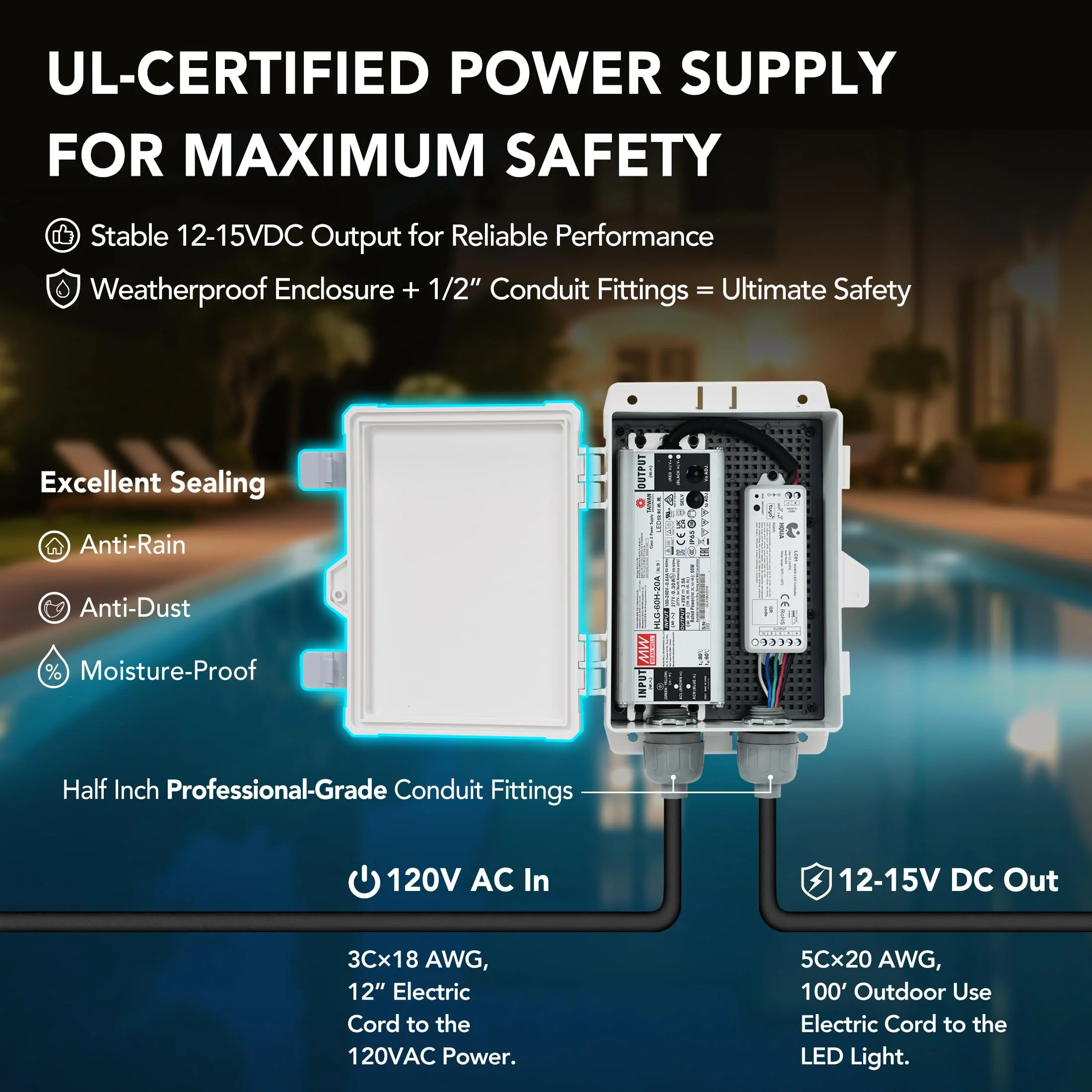 HQUA PN01DC LED Inground Pool Lighting System RGBW Color Change 10 Inch 50W, Remote/App Control, 120V AC, 100 Feet Cord - Image 5