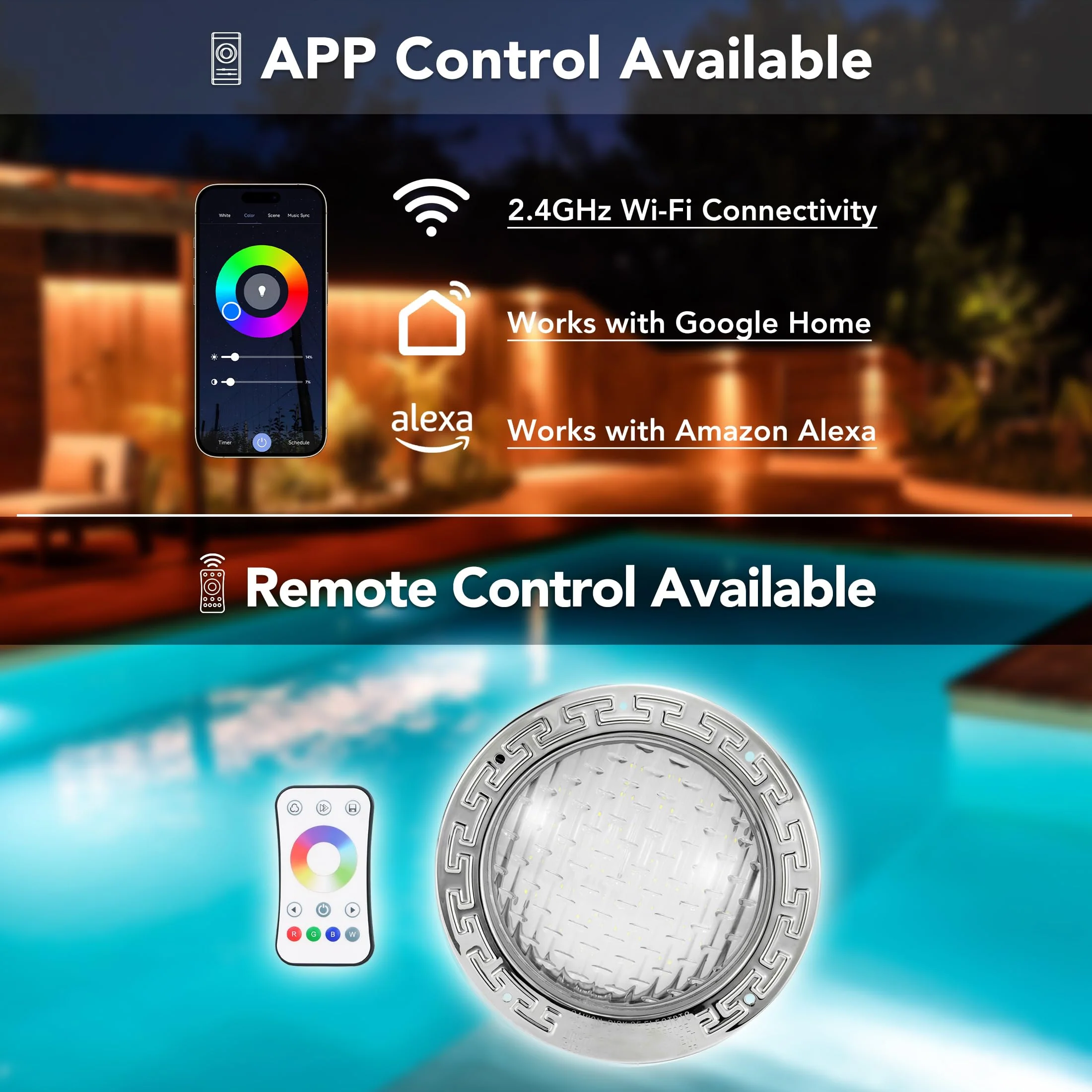 HQUA PN01DC LED Inground Pool Lighting System RGBW Color Change 10 Inch 50W, Remote/App Control, 120V AC, 100 Feet Cord - Image 8