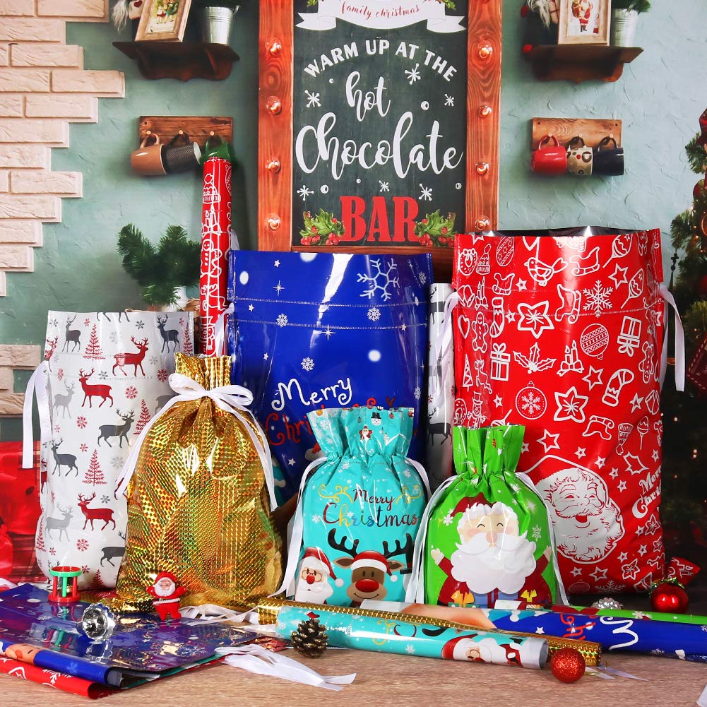 HRX Package Holiday Drawstring Gift Bags, 30pcs Christmas Foil Gift Wrapping Sacks Pouches for Xmas Presents Party Favor (Large Medium Small) - Image 3