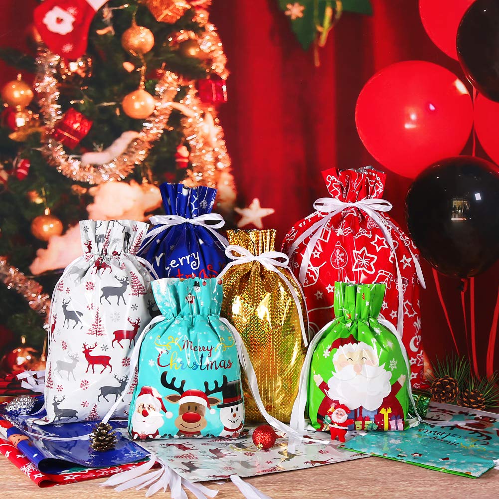 HRX Package Holiday Drawstring Gift Bags, 30pcs Christmas Foil Gift Wrapping Sacks Pouches for Xmas Presents Party Favor (Large Medium Small) - Image 4