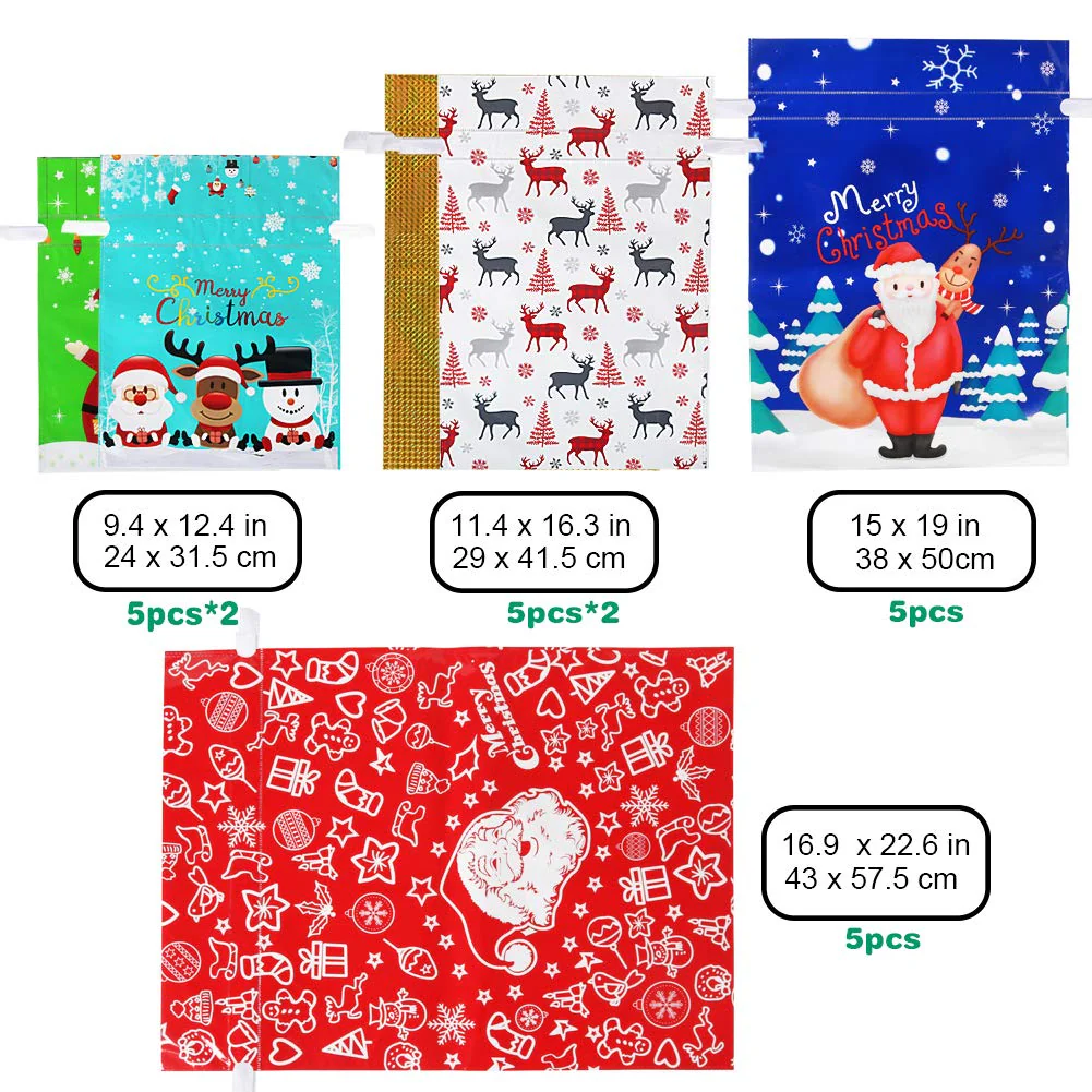 HRX Package Holiday Drawstring Gift Bags, 30pcs Christmas Foil Gift Wrapping Sacks Pouches for Xmas Presents Party Favor (Large Medium Small) - Image 6