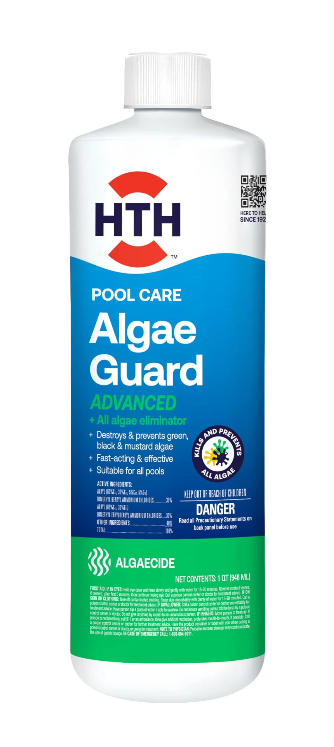 HTH 67243 Swimming Pool Care Advanced Algae Guard - Destroys and Prevents Green, Black & Mustard Algae for Crystal Clear Water, Fast Acting & Effective Swimming Pool Chemical, 32oz
