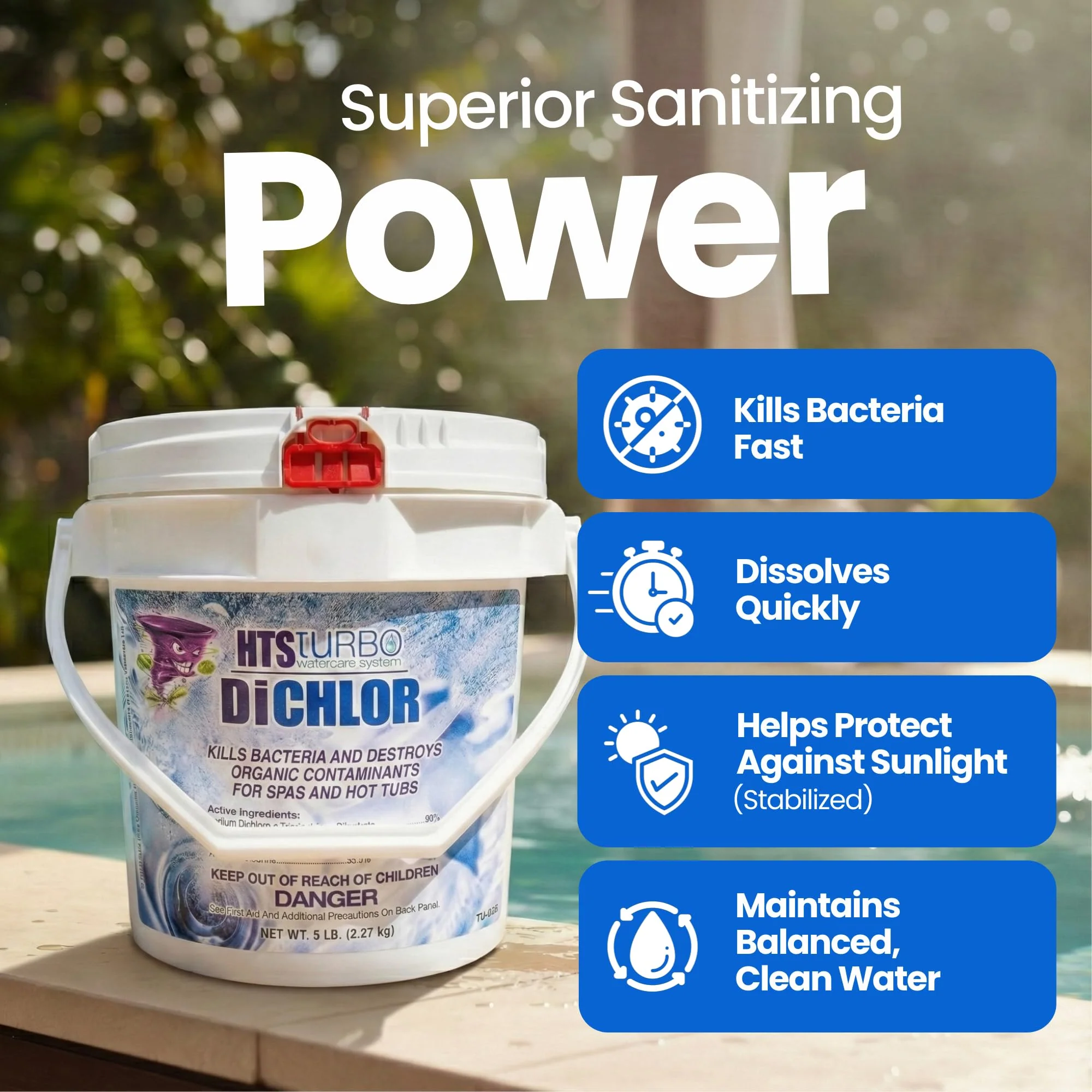 HTS Turbo Chlorine Granules for Pools, Hot Tubs and Spa - 5 lbs (80 oz) Made in USA | Fast-Dissolving Pool Chlorine Granular Sanitizer, Stabilized Dichlor | Spa & Pool Water Care Treatment - Image 5