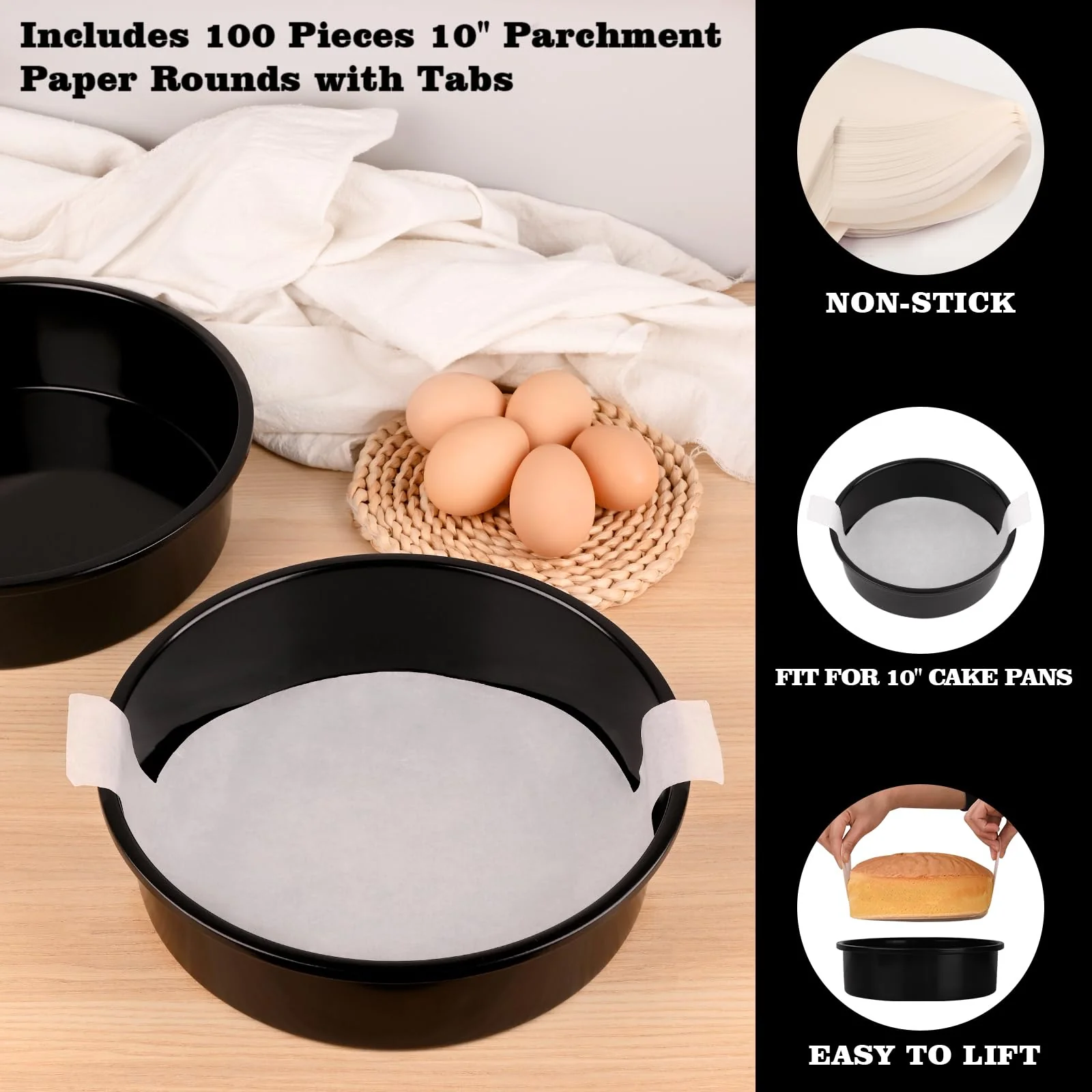 HUAKENER 10 Inch Cake Pan - Set of 2 Round Cake Pans with 70 Pieces Parchment Paper, Non-stick Cake Baking Pans, Dishwasher Safe - Image 4