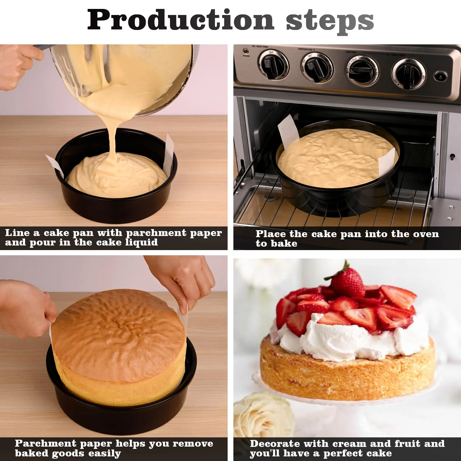 HUAKENER 3 Pack Round Cake Pans, 6" 8" 10 Inch Circle Cake Pan with 150 Pieces Parchment Paper, Non-stick Cake Baking Pans, Dishwasher Safe - Image 3