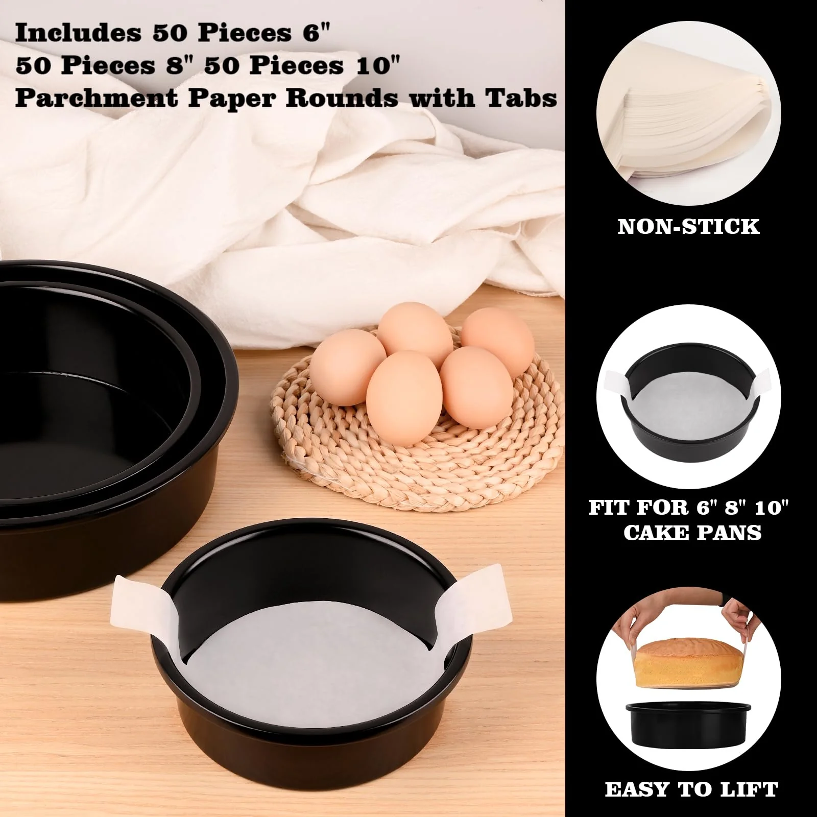 HUAKENER 3 Pack Round Cake Pans, 6" 8" 10 Inch Circle Cake Pan with 150 Pieces Parchment Paper, Non-stick Cake Baking Pans, Dishwasher Safe - Image 4