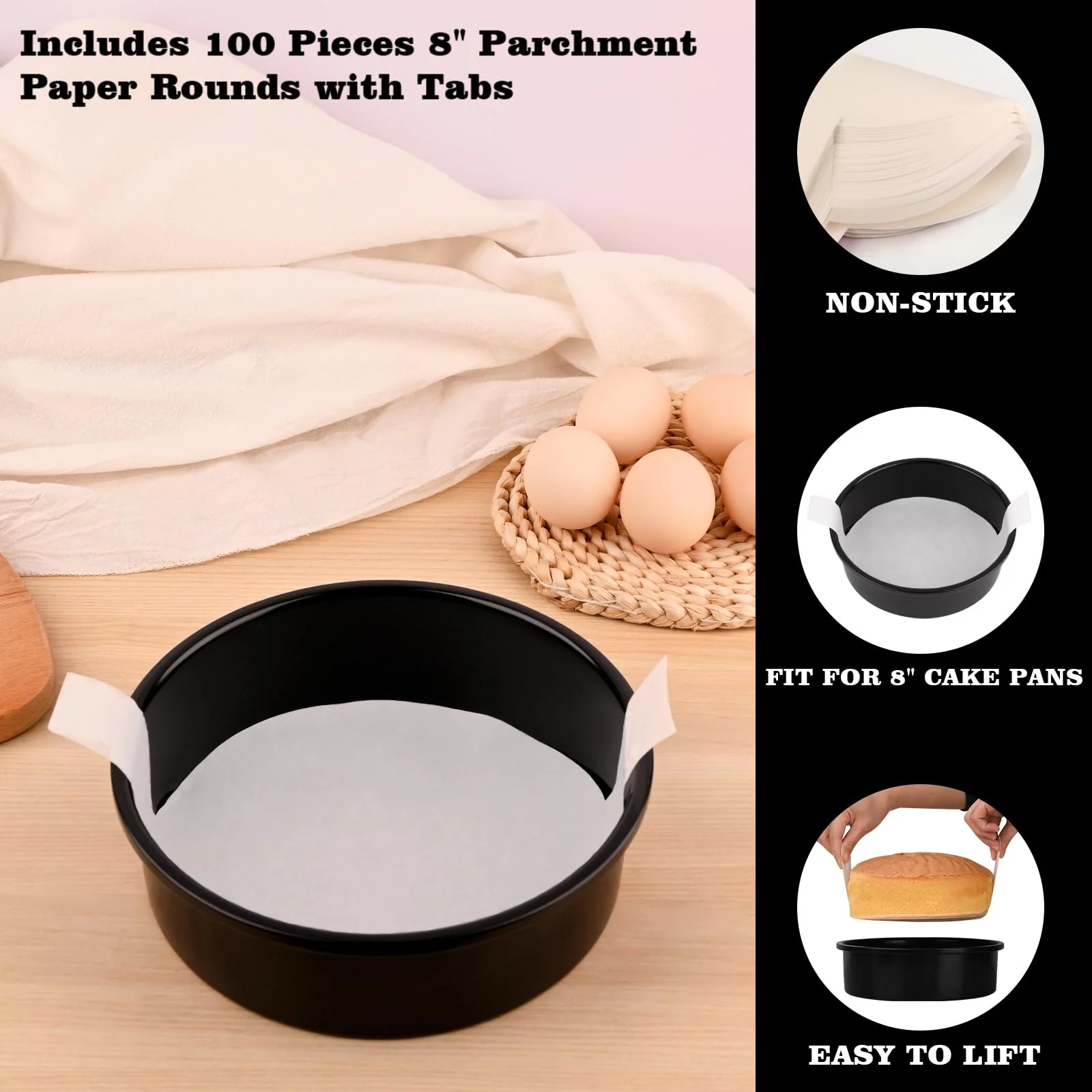 HUAKENER 8 Inch Cake Pan - Set of 3 Round Cake Pans with 100 Pieces Parchment Paper, Non-stick Cake Baking Pans, Dishwasher Safe - Image 4
