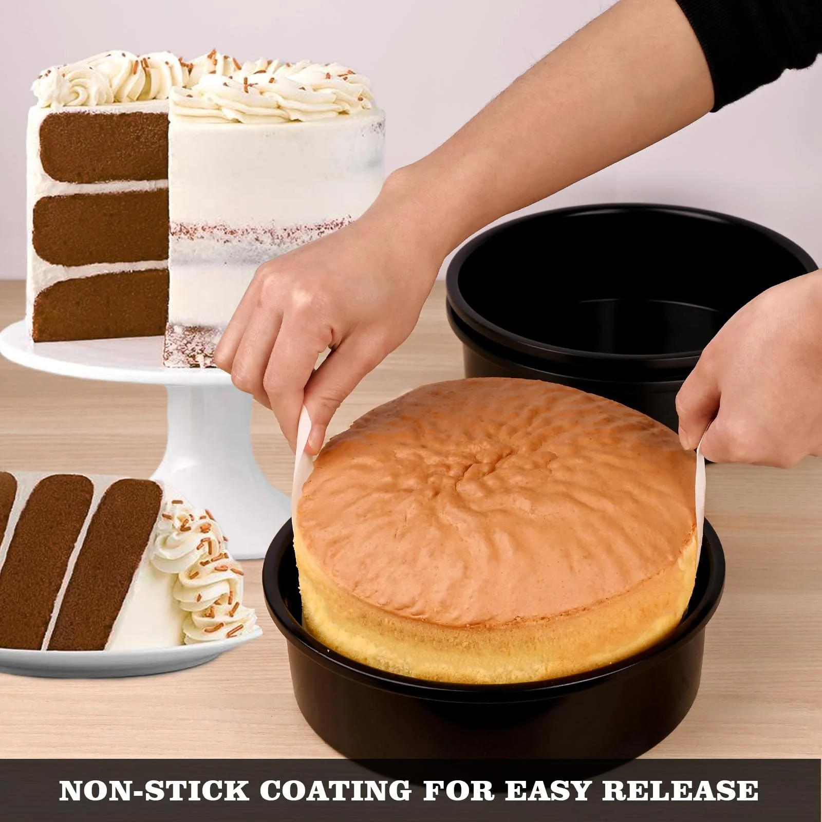 HUAKENER 8 Inch Cake Pan - Set of 3 Round Cake Pans with 100 Pieces Parchment Paper, Non-stick Cake Baking Pans, Dishwasher Safe - Image 6