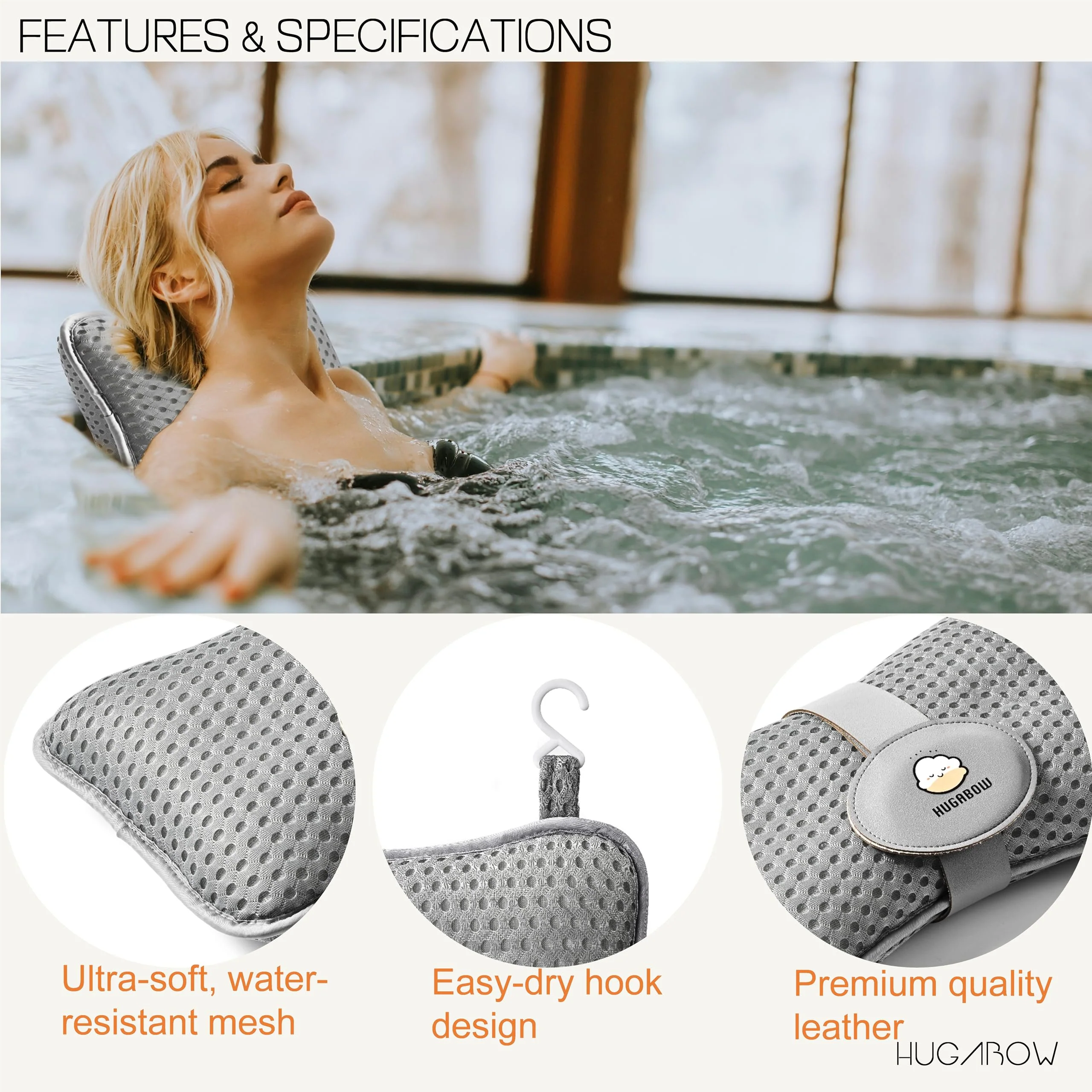 HUGABOW 2-Pack Large Pillow for Hot Tub (Grey), Spa, and Chaise Lounge - Universal Headrest & Neck Support Cushion, Adjustable Height with Long Strap, Easy Drying with Hook (2-Pack) - Image 5
