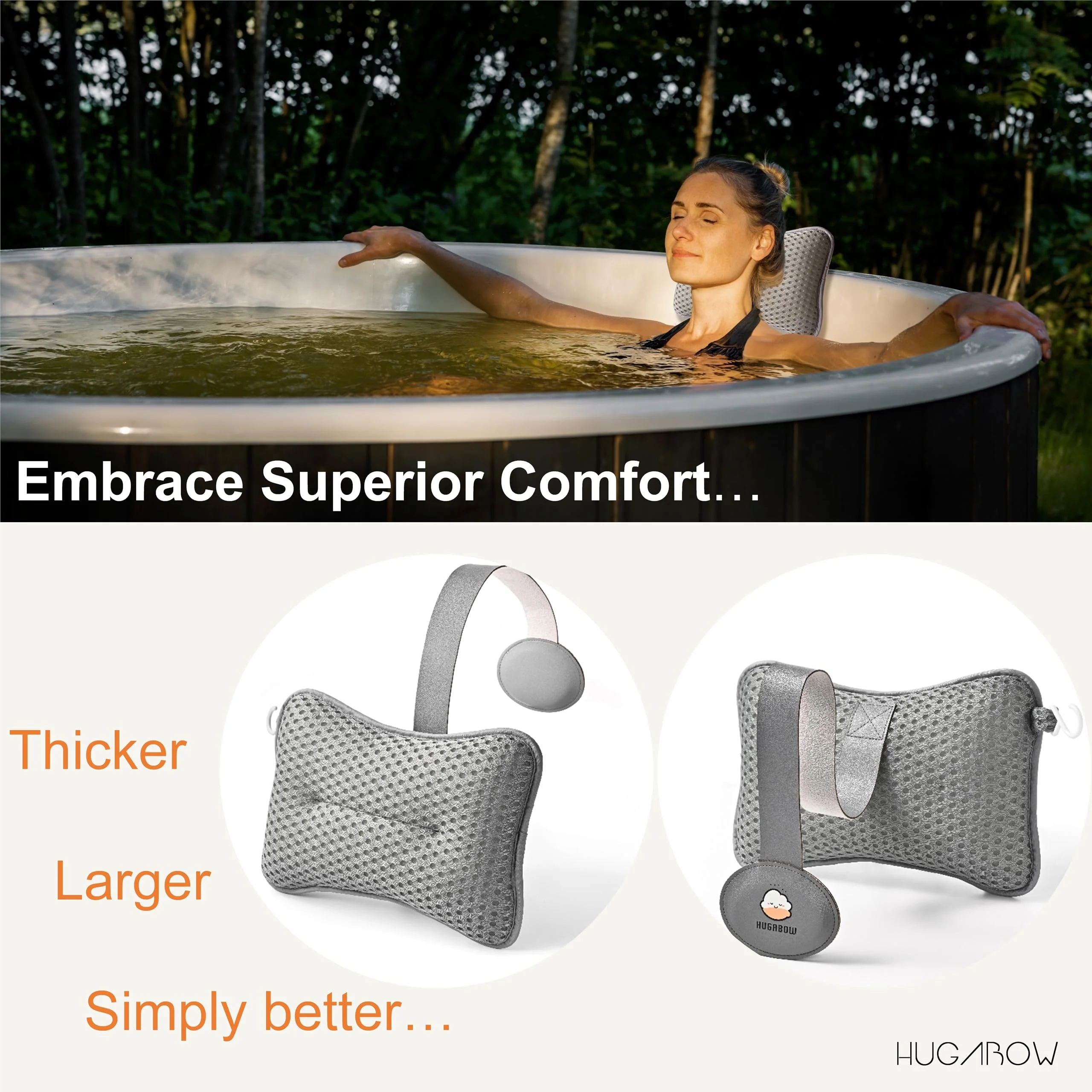 HUGABOW 2-Pack Large Pillow for Hot Tub (Grey), Spa, and Chaise Lounge - Universal Headrest & Neck Support Cushion, Adjustable Height with Long Strap, Easy Drying with Hook (2-Pack) - Image 7
