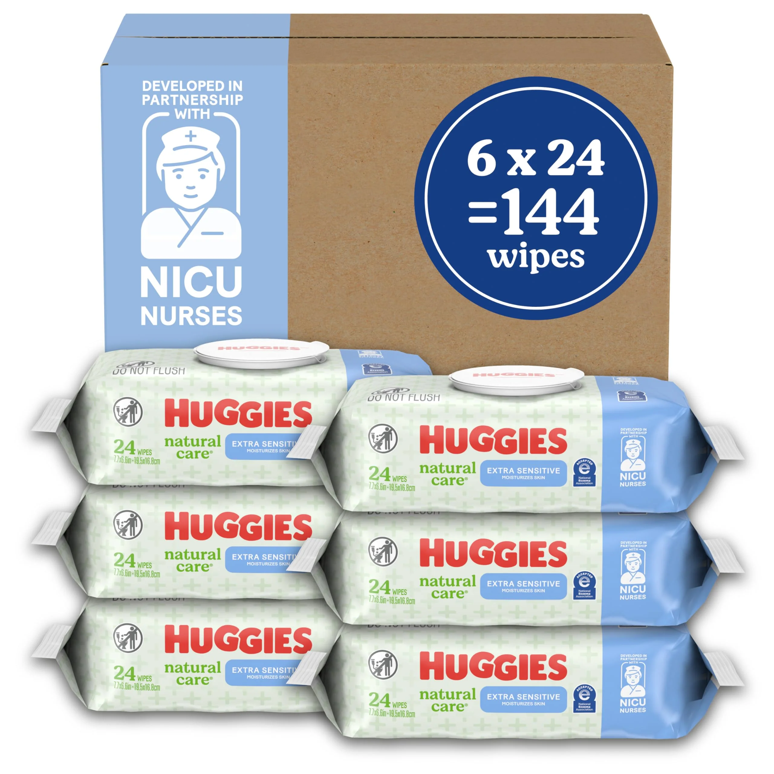 Huggies Natural Care Extra Sensitive Baby Wipes, Unscented, 1 Flip-Top Pack (24 Wipes Total) (Pack of 6)