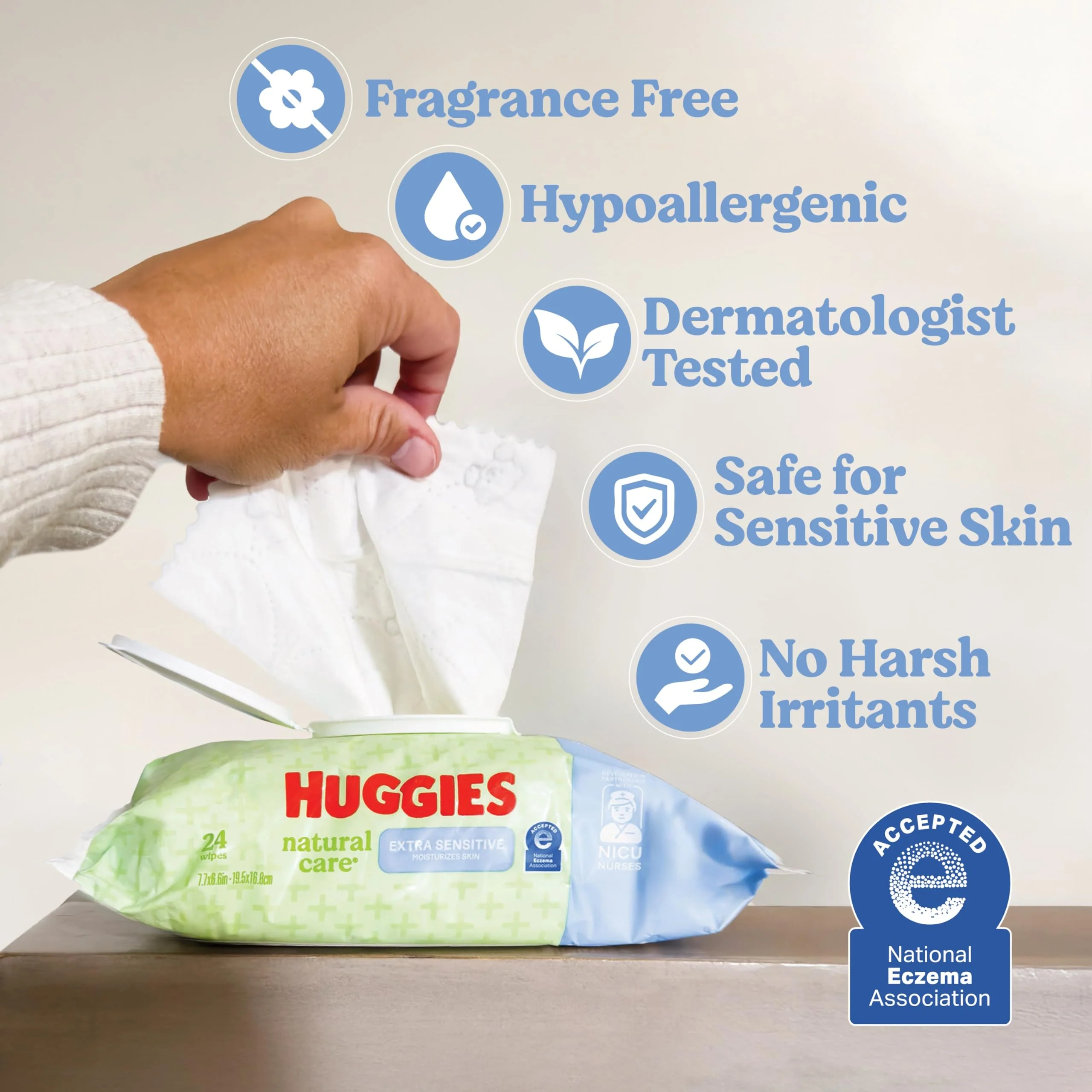 Huggies Natural Care Extra Sensitive Baby Wipes, Unscented, 1 Flip-Top Pack (24 Wipes Total) (Pack of 6) - Image 3