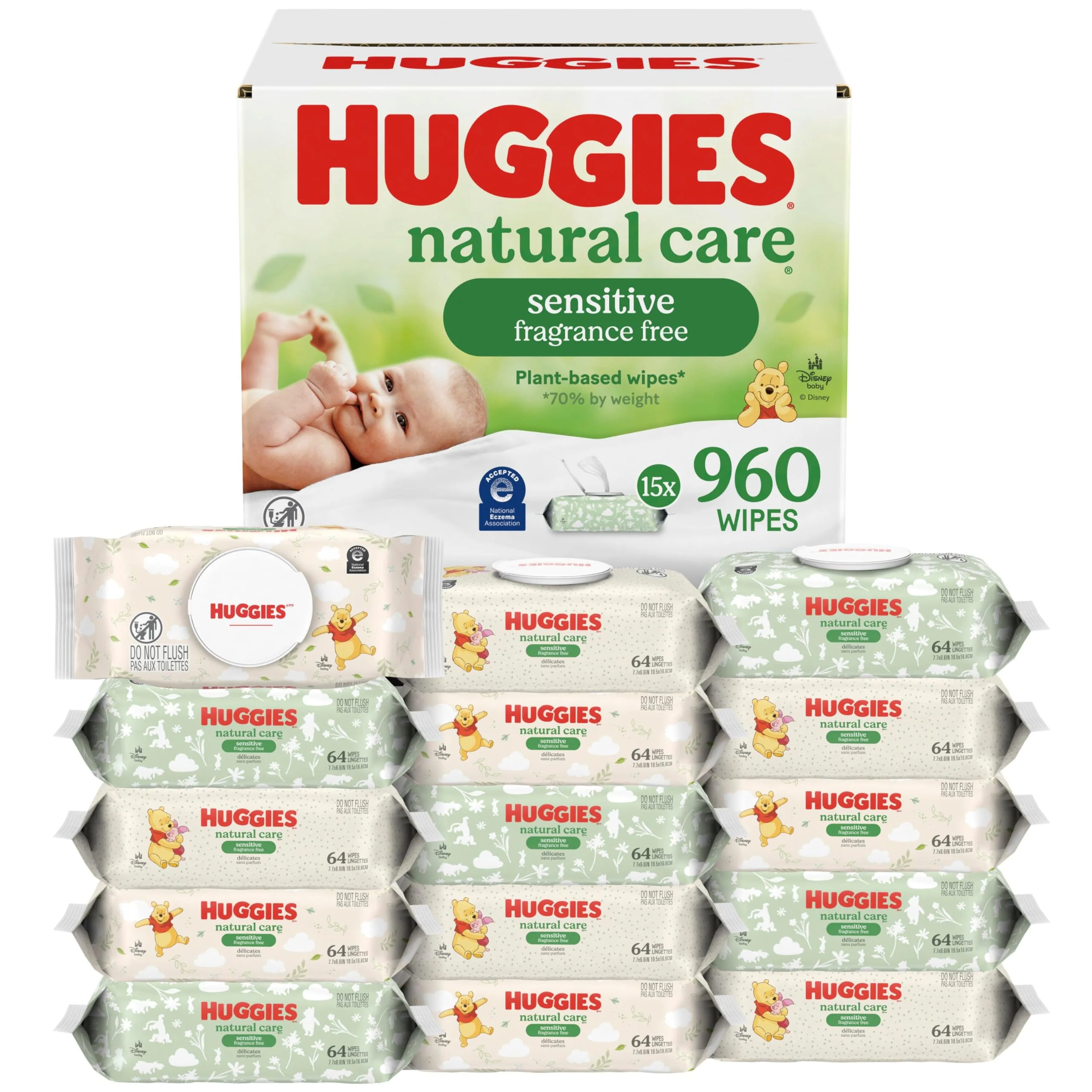 Huggies Natural Care Sensitive Baby Wipes, Unscented, Hypoallergenic, 99% Purified Water, 15 Flip-Top Packs (960 Wipes Total) - Image 2
