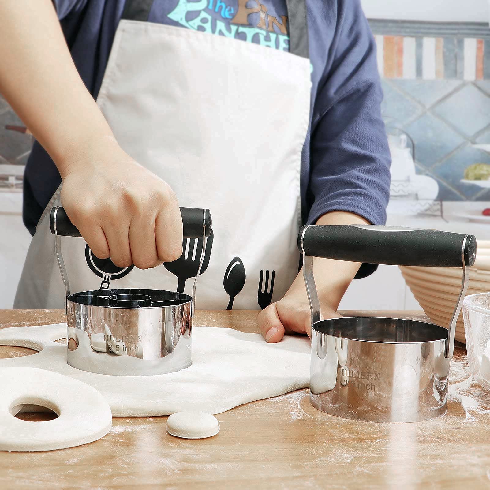 HULISEN Donut Cutter & 3.5 inch Biscuit Cutter (Set of 2), with Soft Grip Handle, Bonus 2 Pcs Small Cookies Cutter - Stainless Steel Professional Baking Dough Tool Set, Gift Package - Image 4