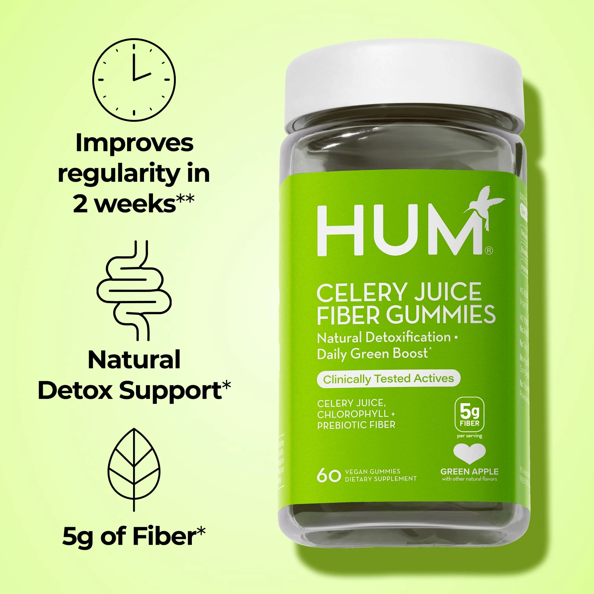HUM Celery Juice Fiber Gummies for Adults, First Prebiotic Celery Juice Gummy, Gluten Free Fiber Supplement Supports Detoxification, Gut Health, Greens Gummies, Chlorophyll & Prebiotic Fiber, 60 Count - Image 8