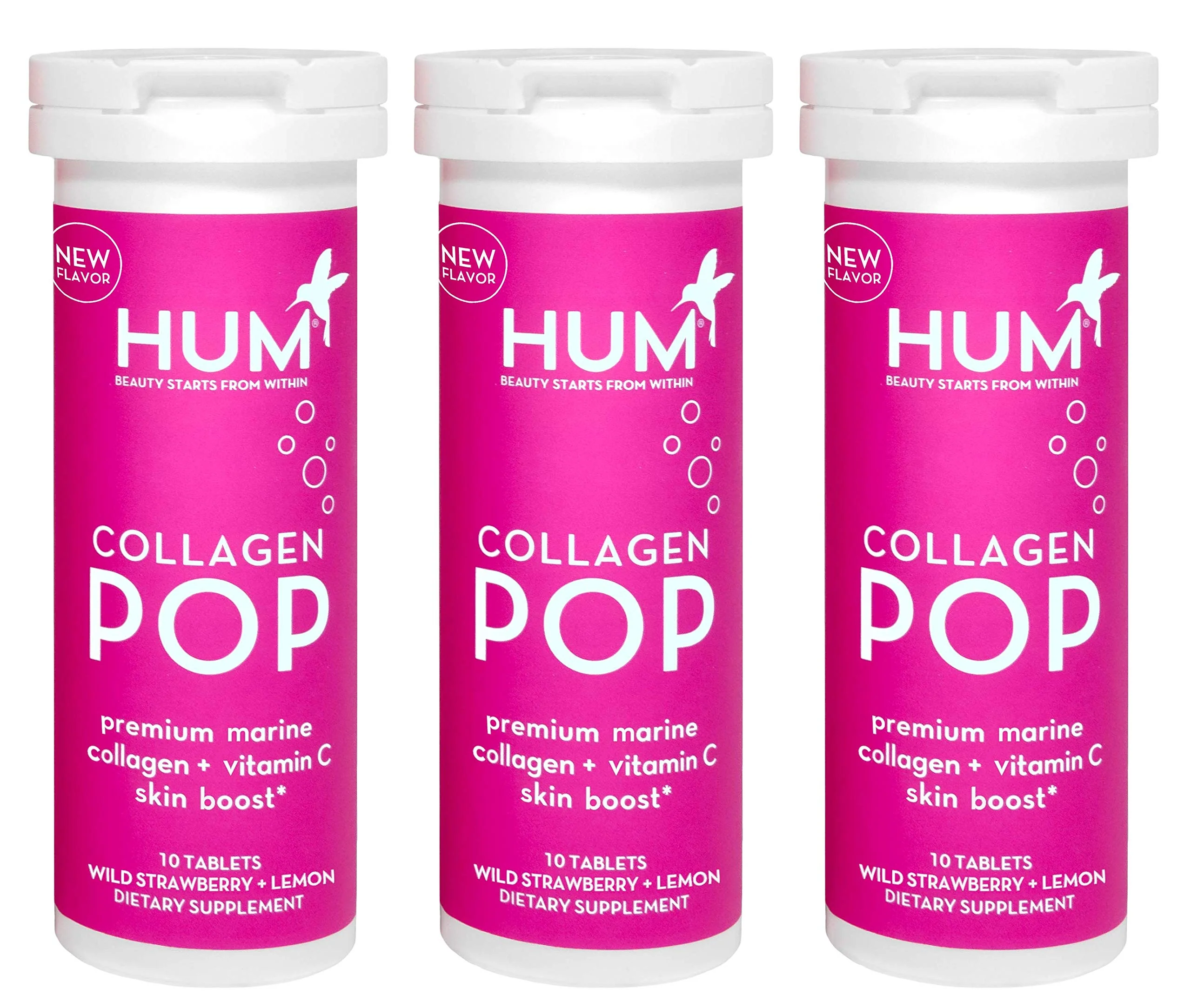 HUM Collagen Pop Marine Collagen Peptides Tablet, Clean Skin Supplement for Women & Men to Support Skin Hydration Levels On The Go, Dissolvable Tablets Strawberry Lemon, 3 Pack, 10 Tablets Each - Image 2