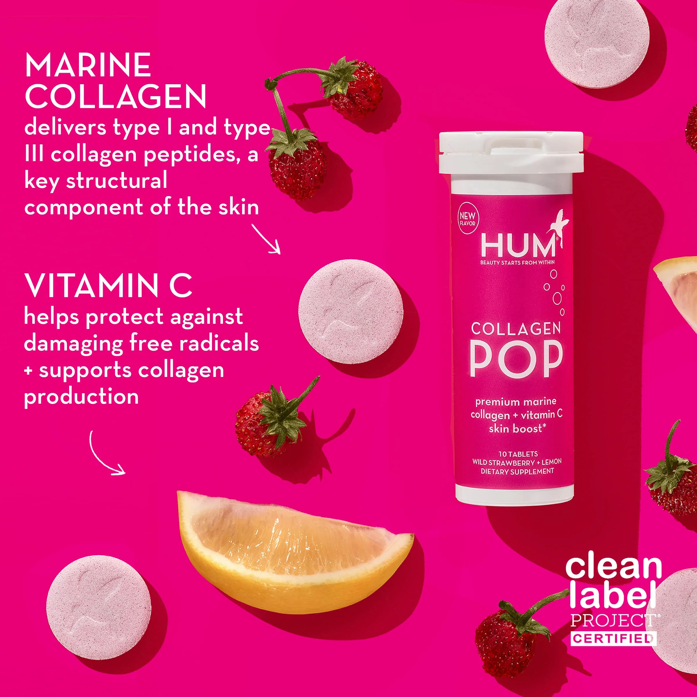 HUM Collagen Pop Marine Collagen Peptides Tablet, Clean Skin Supplement for Women & Men to Support Skin Hydration Levels On The Go, Dissolvable Tablets Strawberry Lemon, 3 Pack, 10 Tablets Each - Image 3