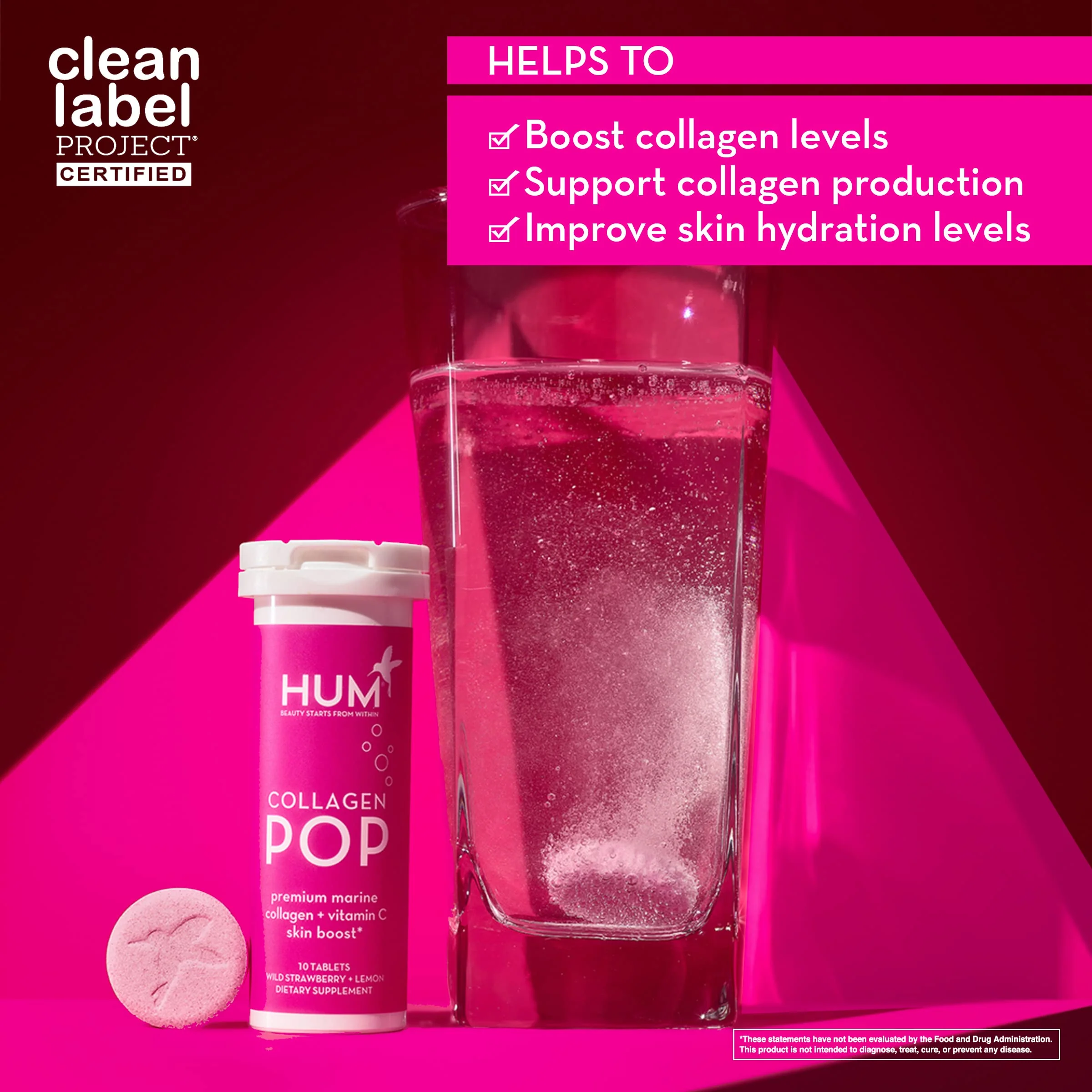 HUM Collagen Pop Marine Collagen Peptides Tablet, Clean Skin Supplement for Women & Men to Support Skin Hydration Levels On The Go, Dissolvable Tablets Strawberry Lemon, 3 Pack, 10 Tablets Each - Image 4