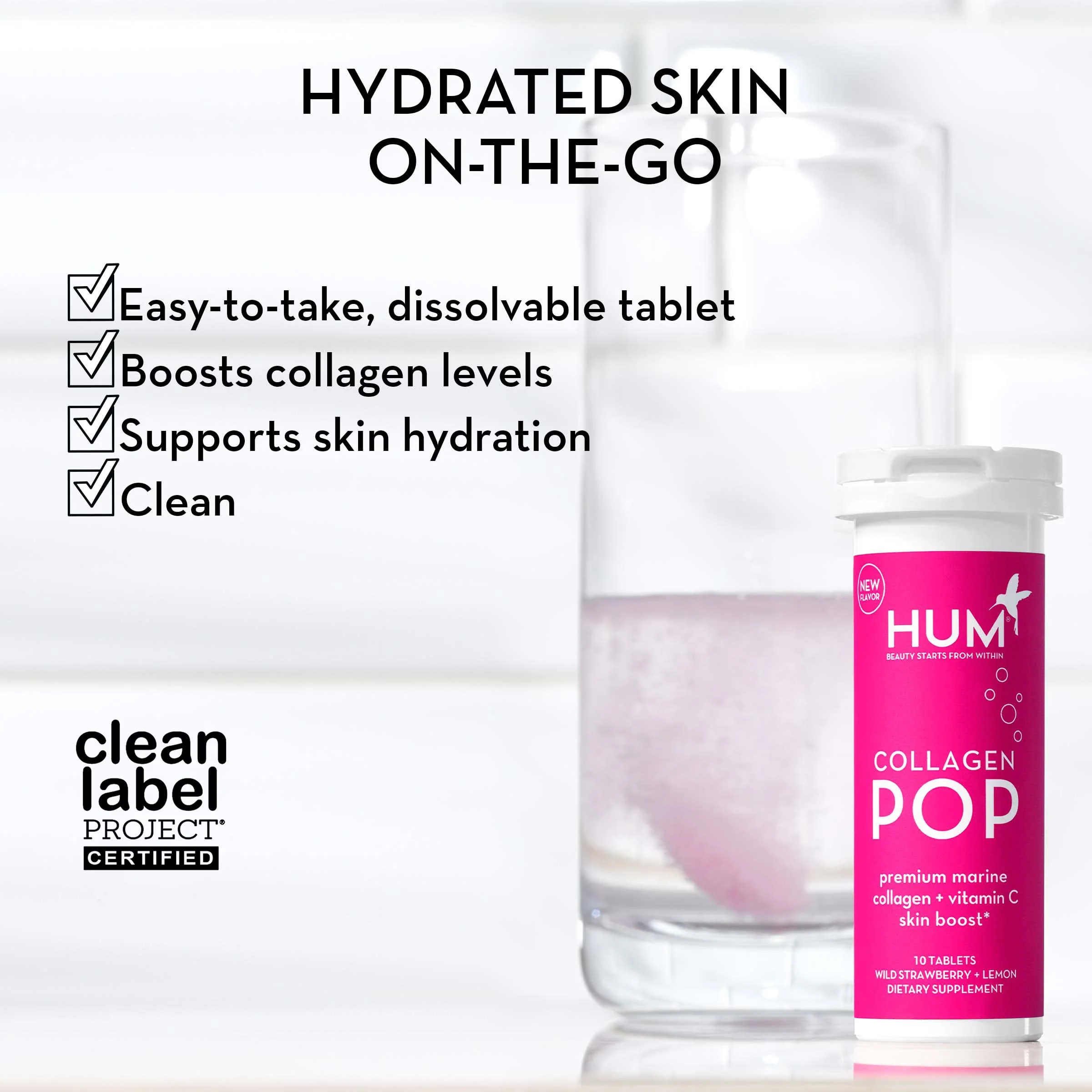 HUM Collagen Pop Marine Collagen Peptides Tablet, Clean Skin Supplement for Women & Men to Support Skin Hydration Levels On The Go, Dissolvable Tablets Strawberry Lemon, 3 Pack, 10 Tablets Each - Image 5