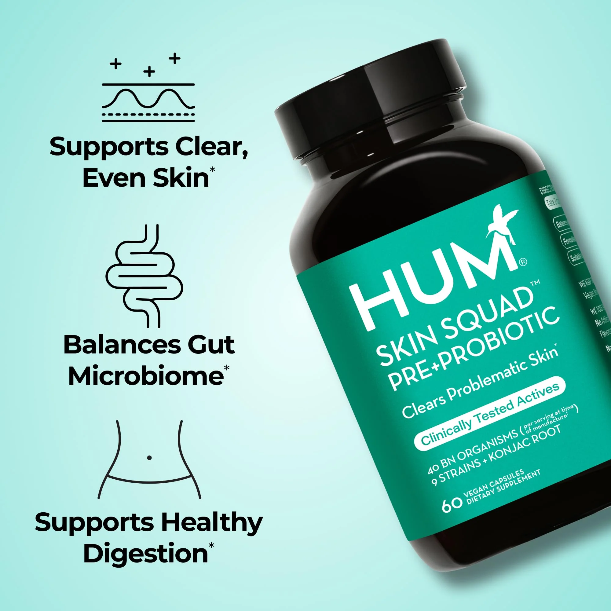 HUM Skin Squad Probiotics for Women and Men, Skin Care Supplement for Clear Complexion & Gut Health Support, Microbiome Prebiotic & Probiotic Supplement for Breakouts, Digestive Health, 60 Capsules - Image 9