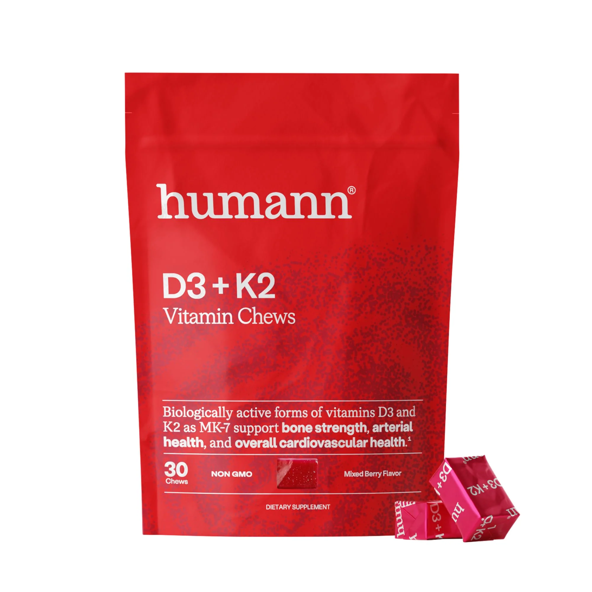 Humann Vitamin D3 + K2 Chews - High Potency Vitamin D 5000iu (125mcg) Helps Support Healthy Mood, Immunity, Cardiovascular, Respiratory Health & Bone Health, Mixed Berry Flavor, 30 Count