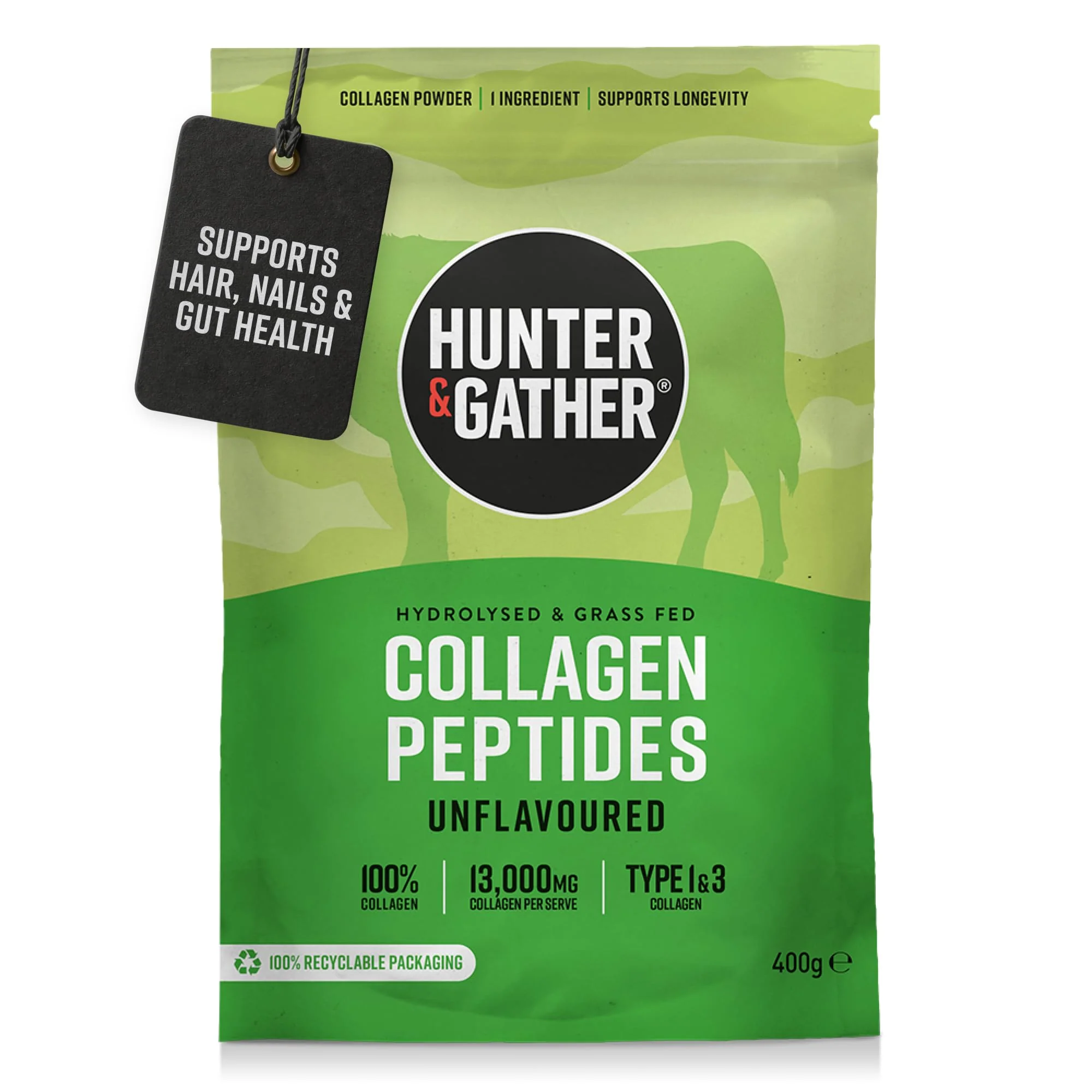 Hunter & Gather Grass Fed Bovine Collagen Powder 400g | 100% Unflavoured Hydrolysed Collagen Peptides | Hair, Skin, Nails & Gut Health | Type 1 & 3 Collagen I High Protein Supplements for Women & Men - Image 2