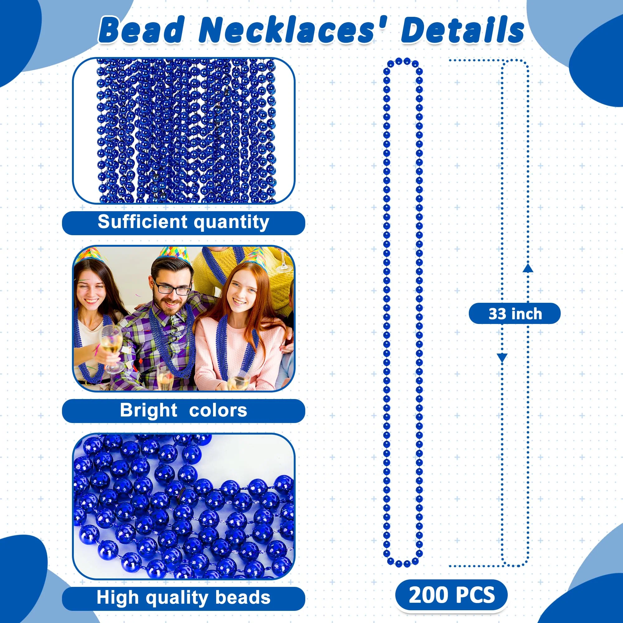 Huskein 200 PCS Beaded Necklace, 33" Mardi Gras Beads, Blue Bead Necklace, Mardi Gras Accessories, Parade Beads Bulk for Hanukkah Christmas Pirate Birthday Gender Costume Party Supplies - Image 7