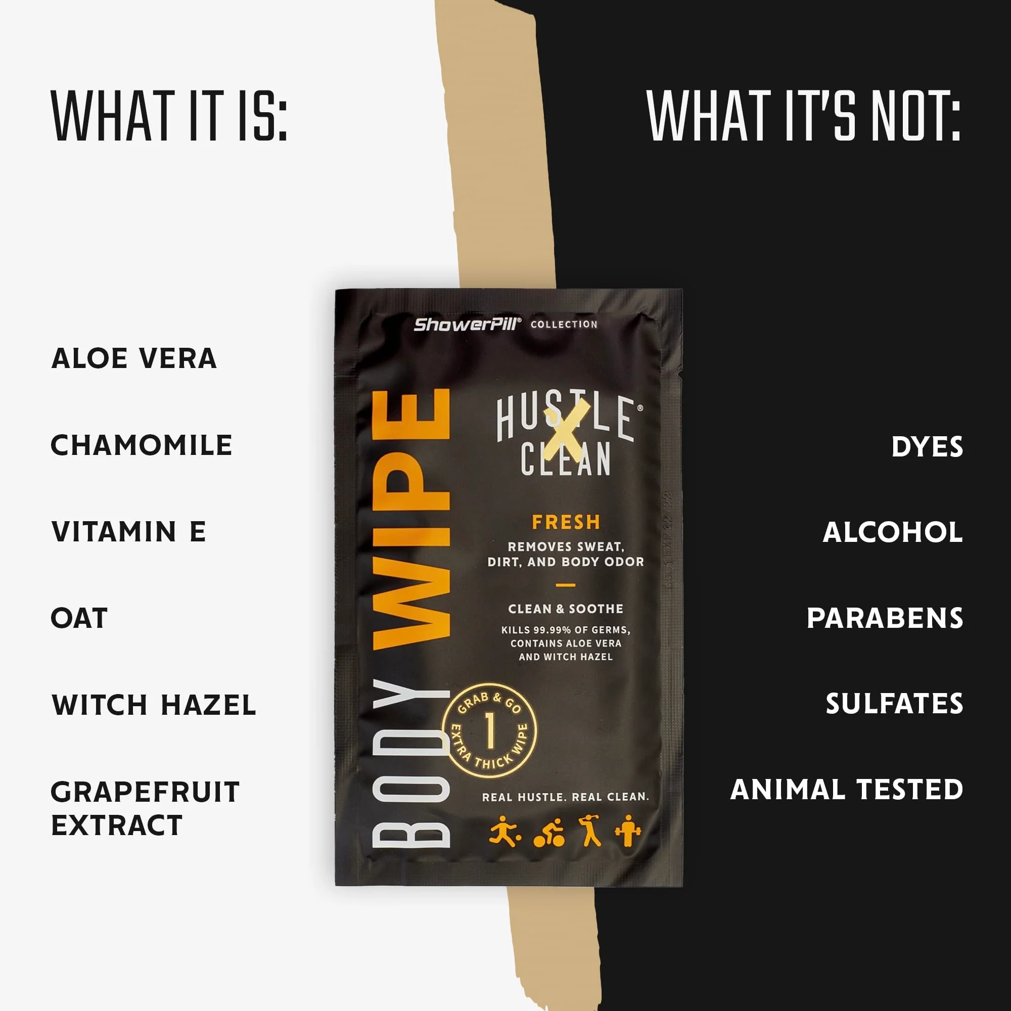 Hustle Clean Body Wipes 9''x8'', Disposable Bathing Wipes For Adults, No Rinse, With Aloe Vera & Vitamin E, Fresh Scent, 40 Individually Wrapped Wipes (Expires 10/28) - Image 4
