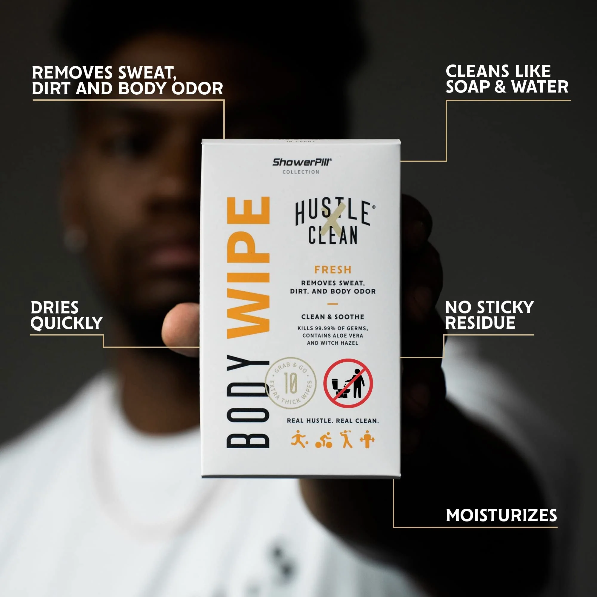 Hustle Clean Body Wipes 9''x8'', Disposable Bathing Wipes For Adults, No Rinse, With Aloe Vera & Vitamin E, Fresh Scent, 40 Individually Wrapped Wipes (Expires 10/28) - Image 5