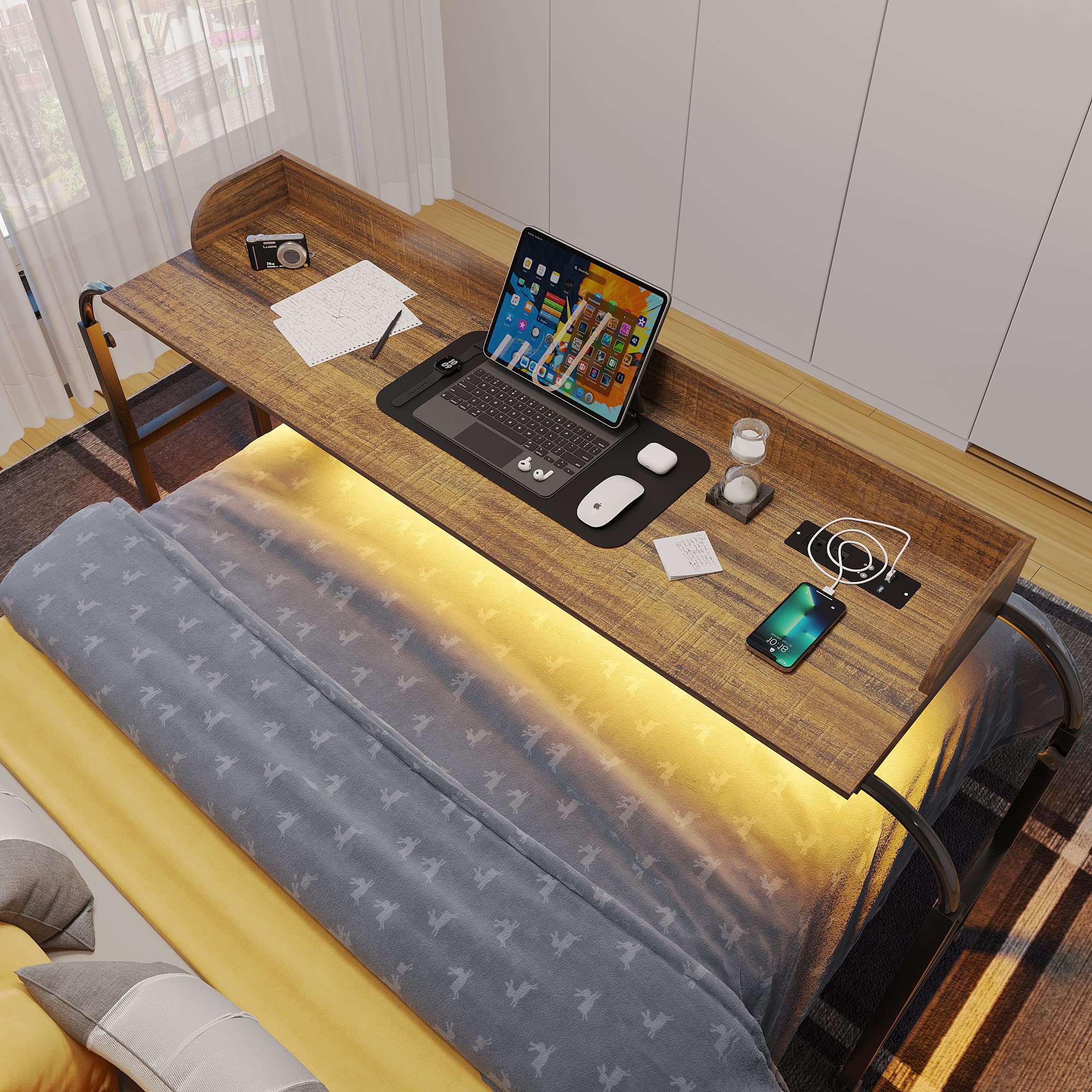 HWB Overbed Desk with Charging Station-Over Bed Table-Adjustable Length/Height with Wheels - Human Sensor LED Light Mobile Queen Size Bed Table Rolling Tray Table for Eating & Laptops, Brown