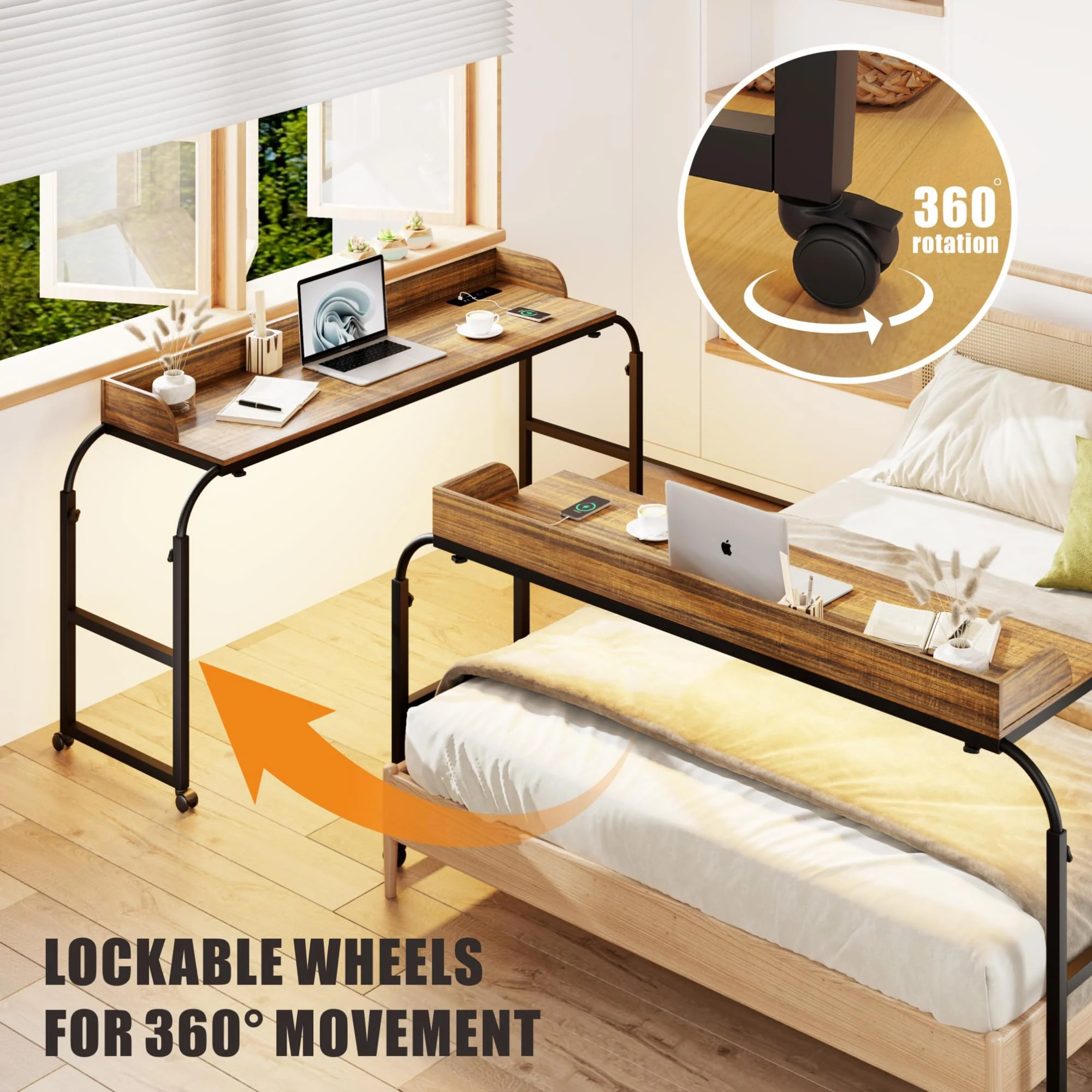 HWB Overbed Desk with Charging Station-Over Bed Table-Adjustable Length/Height with Wheels - Human Sensor LED Light Mobile Queen Size Bed Table Rolling Tray Table for Eating & Laptops, Brown - Image 6