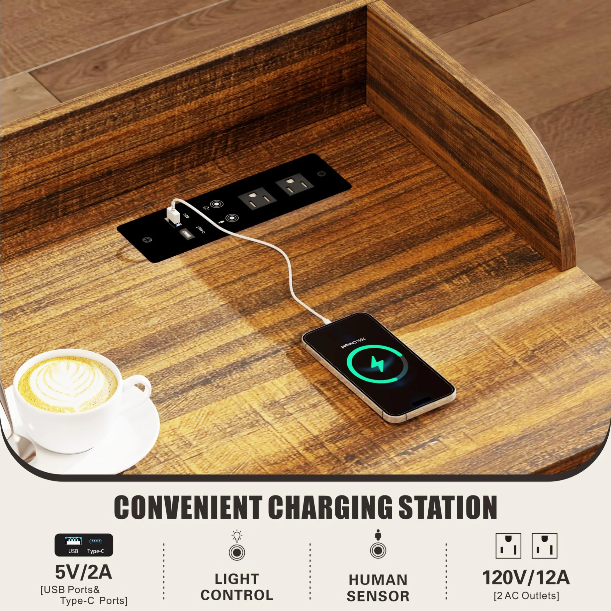 HWB Overbed Desk with Charging Station-Over Bed Table-Adjustable Length/Height with Wheels - Human Sensor LED Light Mobile Queen Size Bed Table Rolling Tray Table for Eating & Laptops, Brown - Image 8