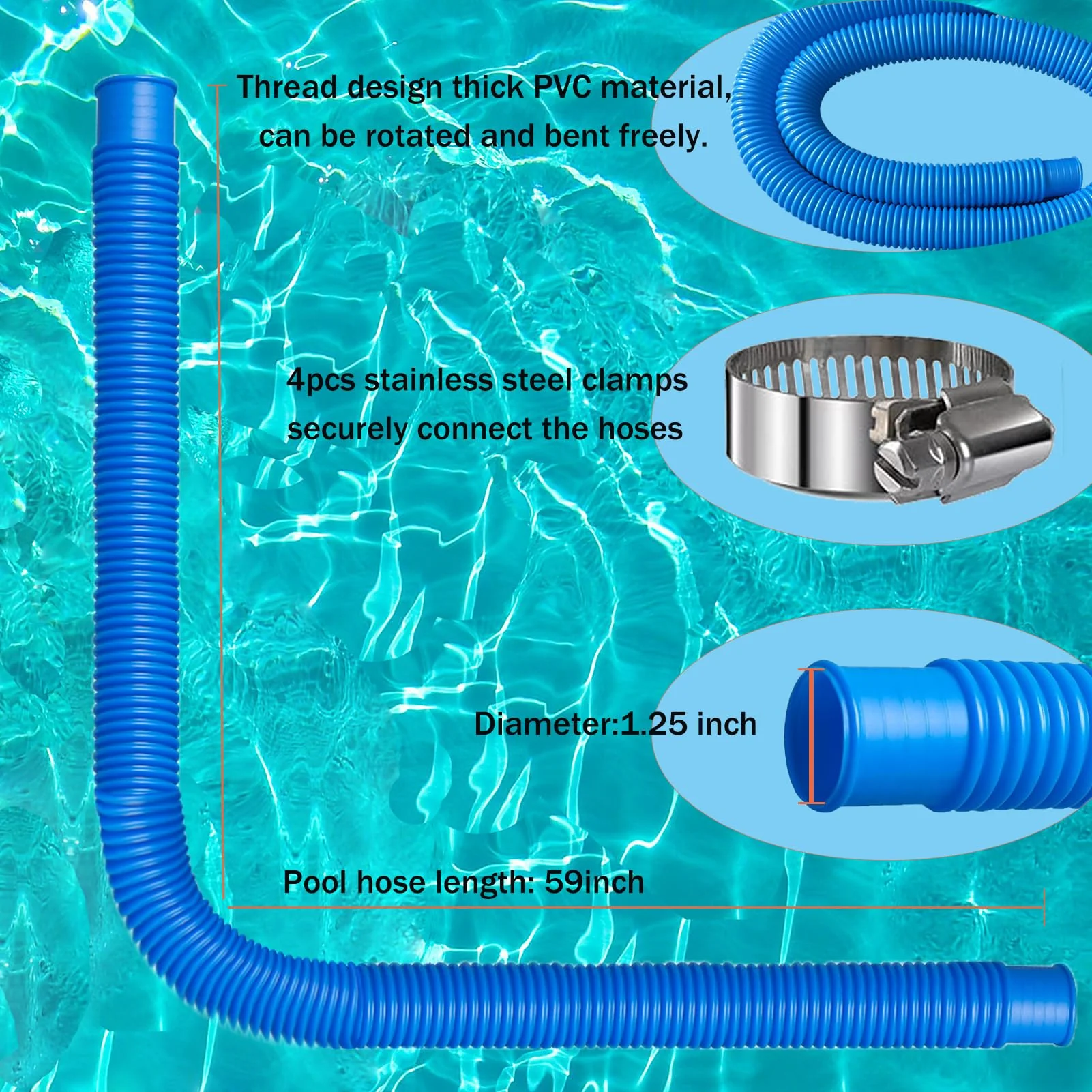 Hxxyilok Pool Hoses Pool Pump Replacement Hose, 1.25 x 59 inch Above Ground Pool Hoses Tubes Compatible with Intex Filter Pump 607, 603, 637, 2 Pack Hose 4 Clamps Poolhose-2Pcs - Image 6