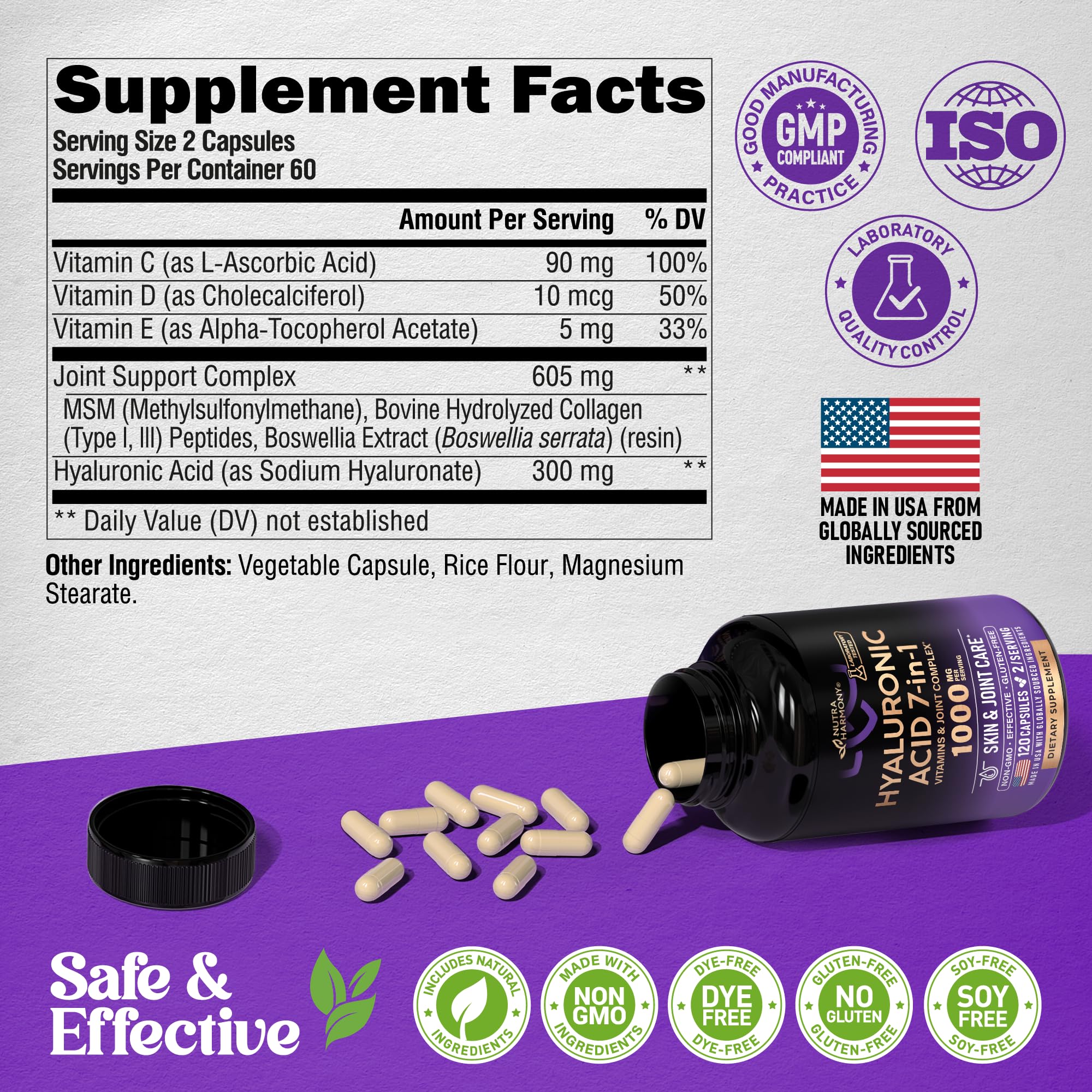Hyaluronic Acid Supplements 1000 mg - Collagen | MSM | Boswellia | Vitamin D3, C & E - Hyaluronic Acid Capsules - Skin Hydratation & Joint Comfort Support - 7-in-1 Complex - Made in USA - 120 Capsules - Image 3