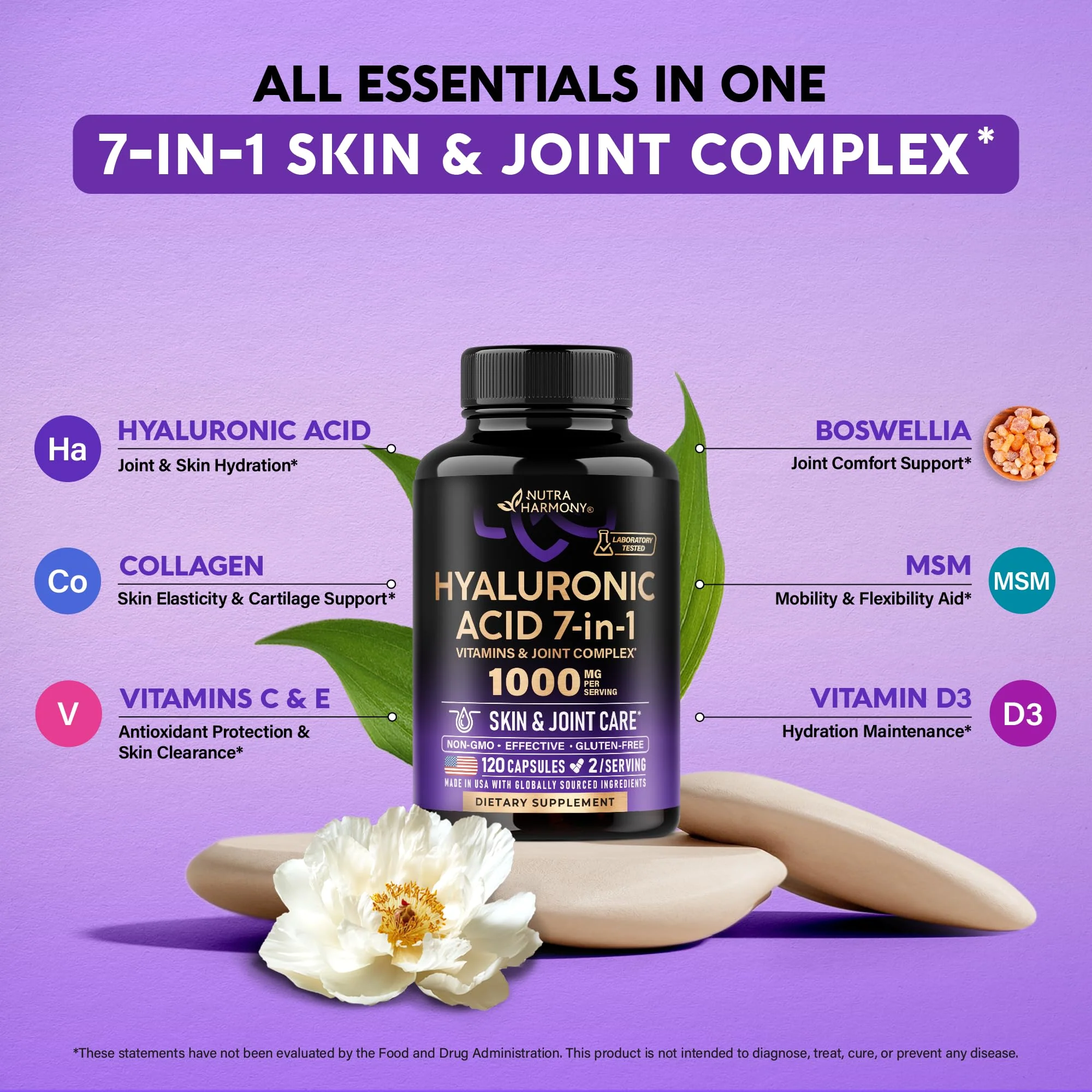 Hyaluronic Acid Supplements 1000 mg - Collagen | MSM | Boswellia | Vitamin D3, C & E - Hyaluronic Acid Capsules - Skin Hydratation & Joint Comfort Support - 7-in-1 Complex - Made in USA - 120 Capsules - Image 5