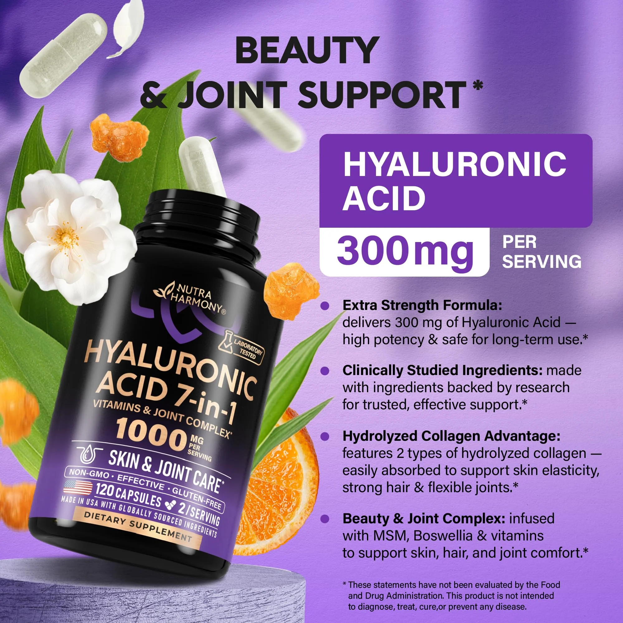 Hyaluronic Acid Supplements 1000 mg - Collagen | MSM | Boswellia | Vitamin D3, C & E - Hyaluronic Acid Capsules - Skin Hydratation & Joint Comfort Support - 7-in-1 Complex - Made in USA - 120 Capsules - Image 6