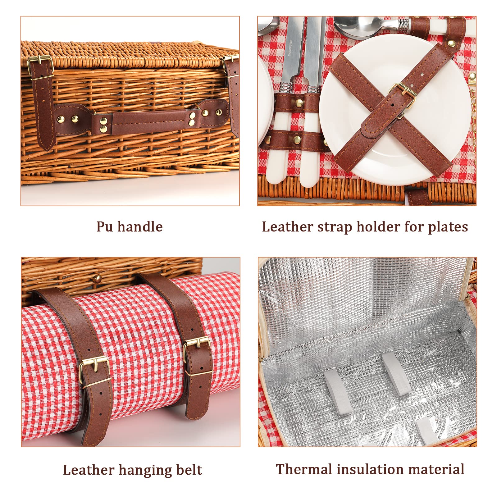 HYBDAMAI Picnic Basket for 4 Persons with Waterproof Picnic Blanket and Insulated Cooler, Large Wicker Picnic Basket for Camping, Outdoors, Valentine's Day, Christmas, Birthday, Wedding Gift - Image 4