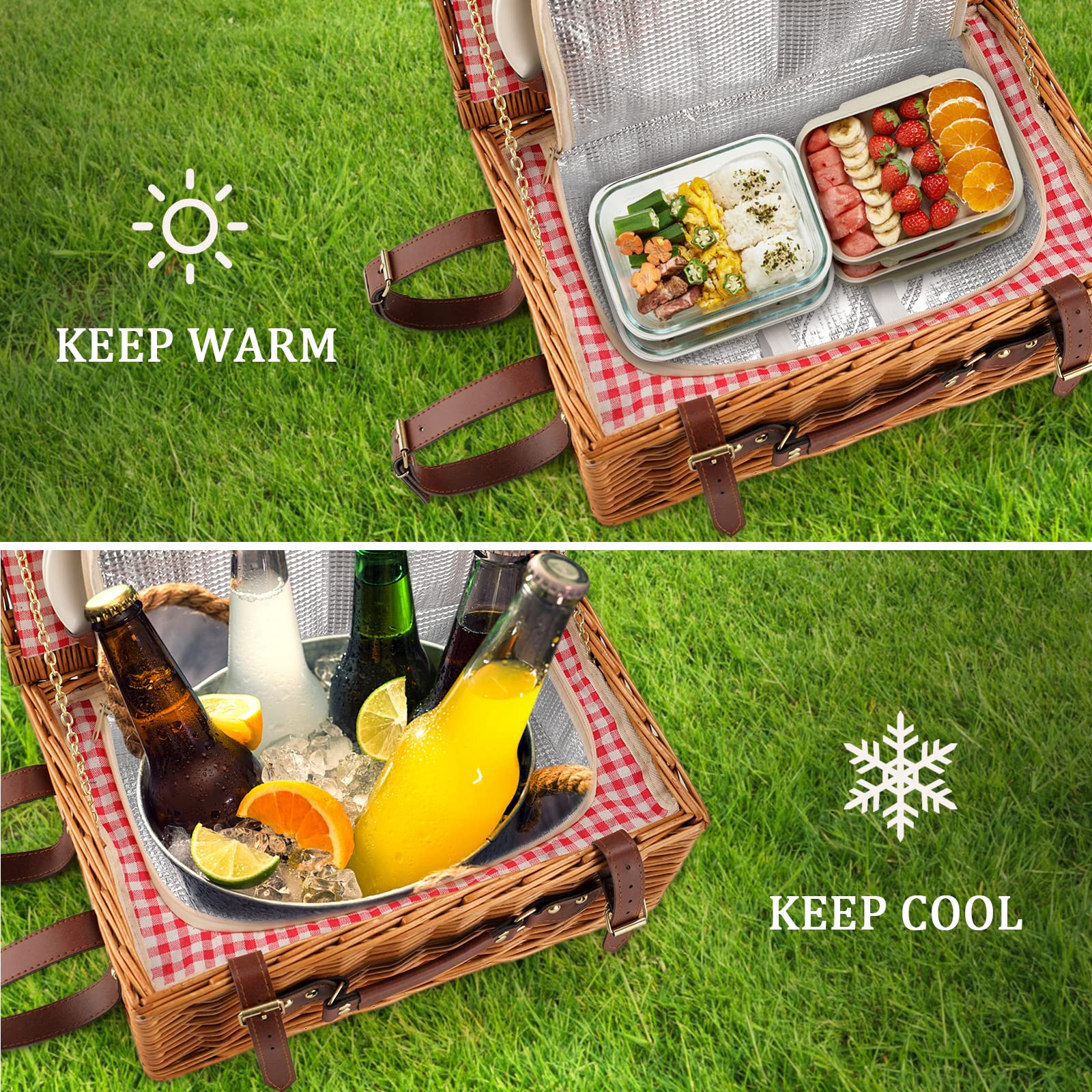 HYBDAMAI Picnic Basket for 4 Persons with Waterproof Picnic Blanket and Insulated Cooler, Large Wicker Picnic Basket for Camping, Outdoors, Valentine's Day, Christmas, Birthday, Wedding Gift - Image 5