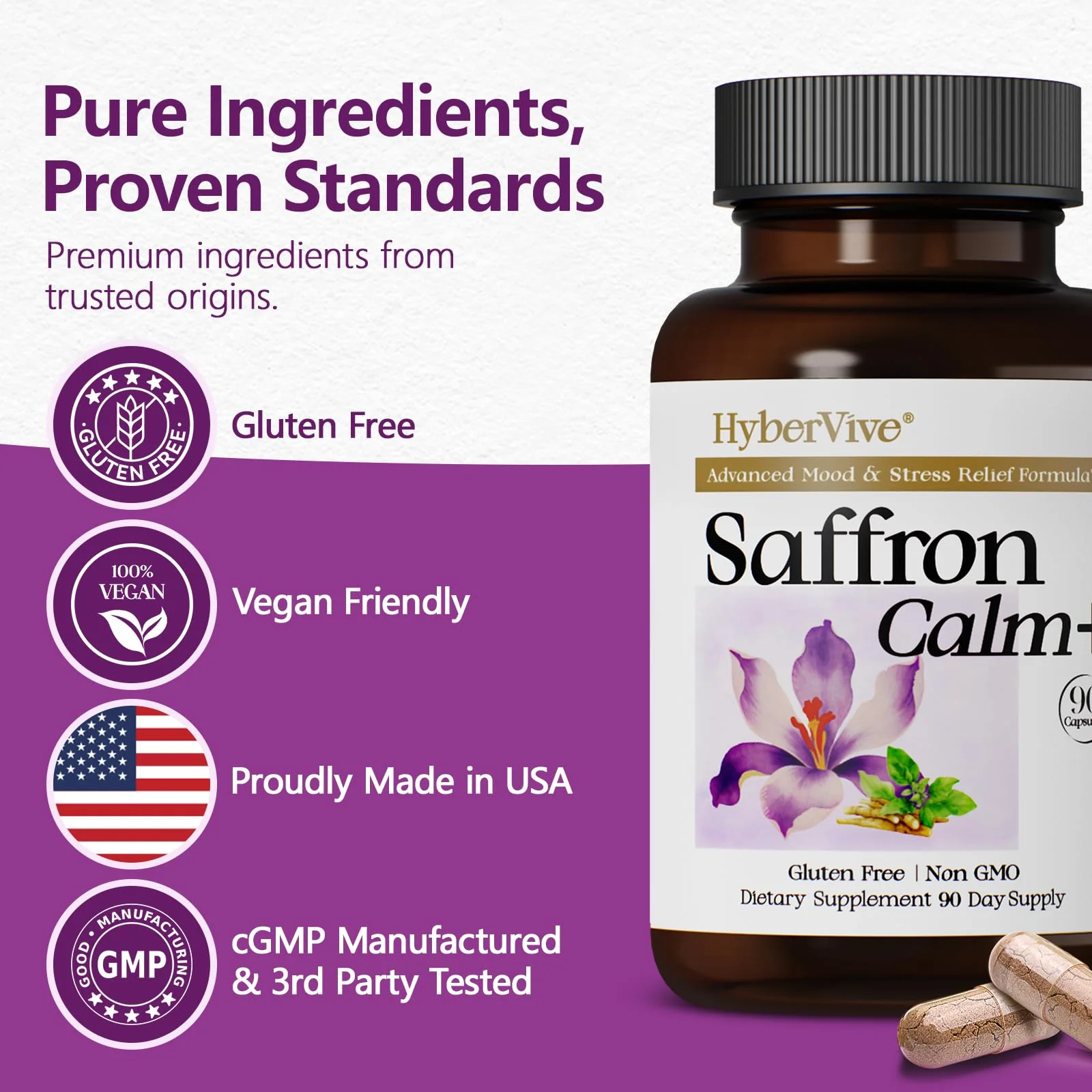 HyberVive Saffron Supplements with Ashwagandha & L-Theanine - 368.5MG - Mood Balance, Stress Relief & Mental Clarity – Cortisol Support for Women & Men, Made in USA, 90 Vegan Capsules - Image 3