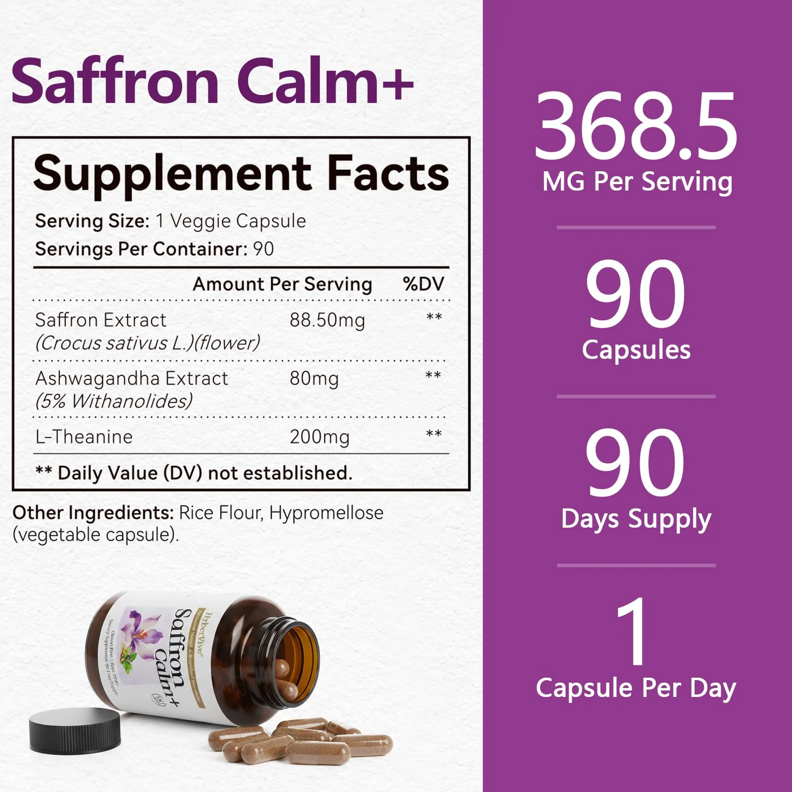 HyberVive Saffron Supplements with Ashwagandha & L-Theanine - 368.5MG - Mood Balance, Stress Relief & Mental Clarity – Cortisol Support for Women & Men, Made in USA, 90 Vegan Capsules - Image 4