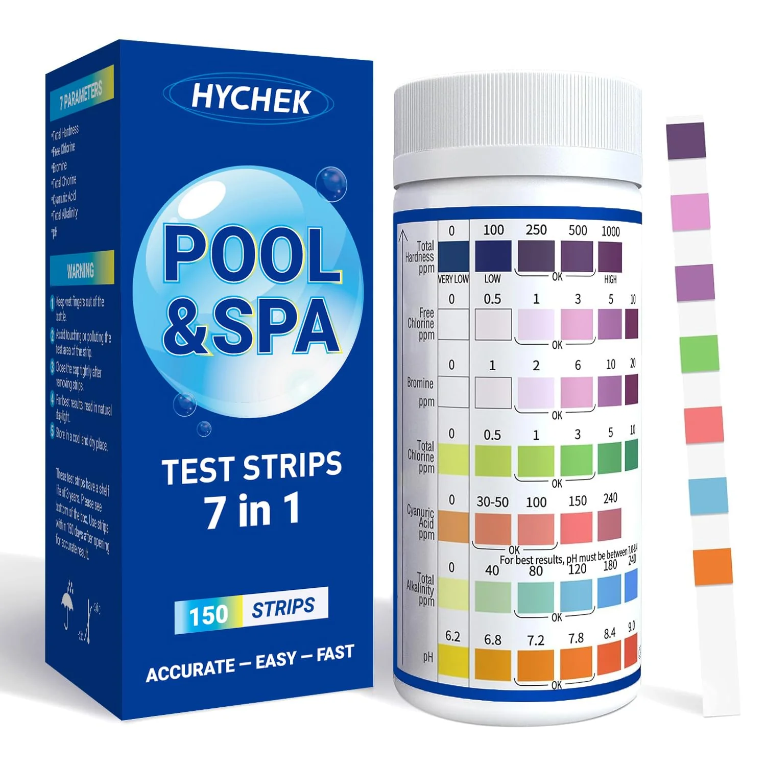 HYCHEK 7 in 1 Accurate Pool & Spa Test Strips, 150-Count Hot Tub Test Strips | Lab Recommended | Water Chemical Testing Kit for Bromine, Chlorine, pH, Hardness, More, Fast & Easy Test Way