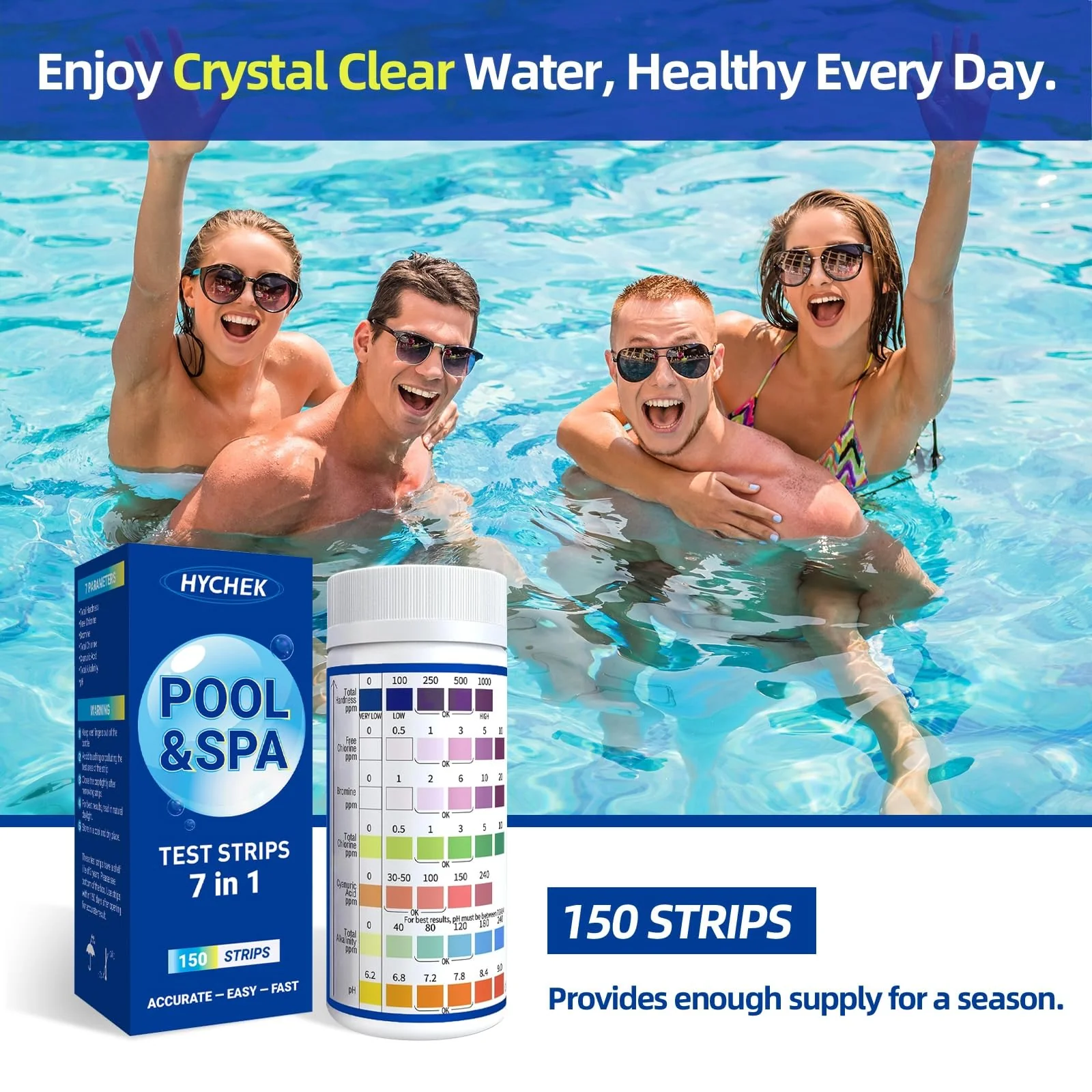HYCHEK 7 in 1 Accurate Pool & Spa Test Strips, 150-Count Hot Tub Test Strips | Lab Recommended | Water Chemical Testing Kit for Bromine, Chlorine, pH, Hardness, More, Fast & Easy Test Way - Image 3