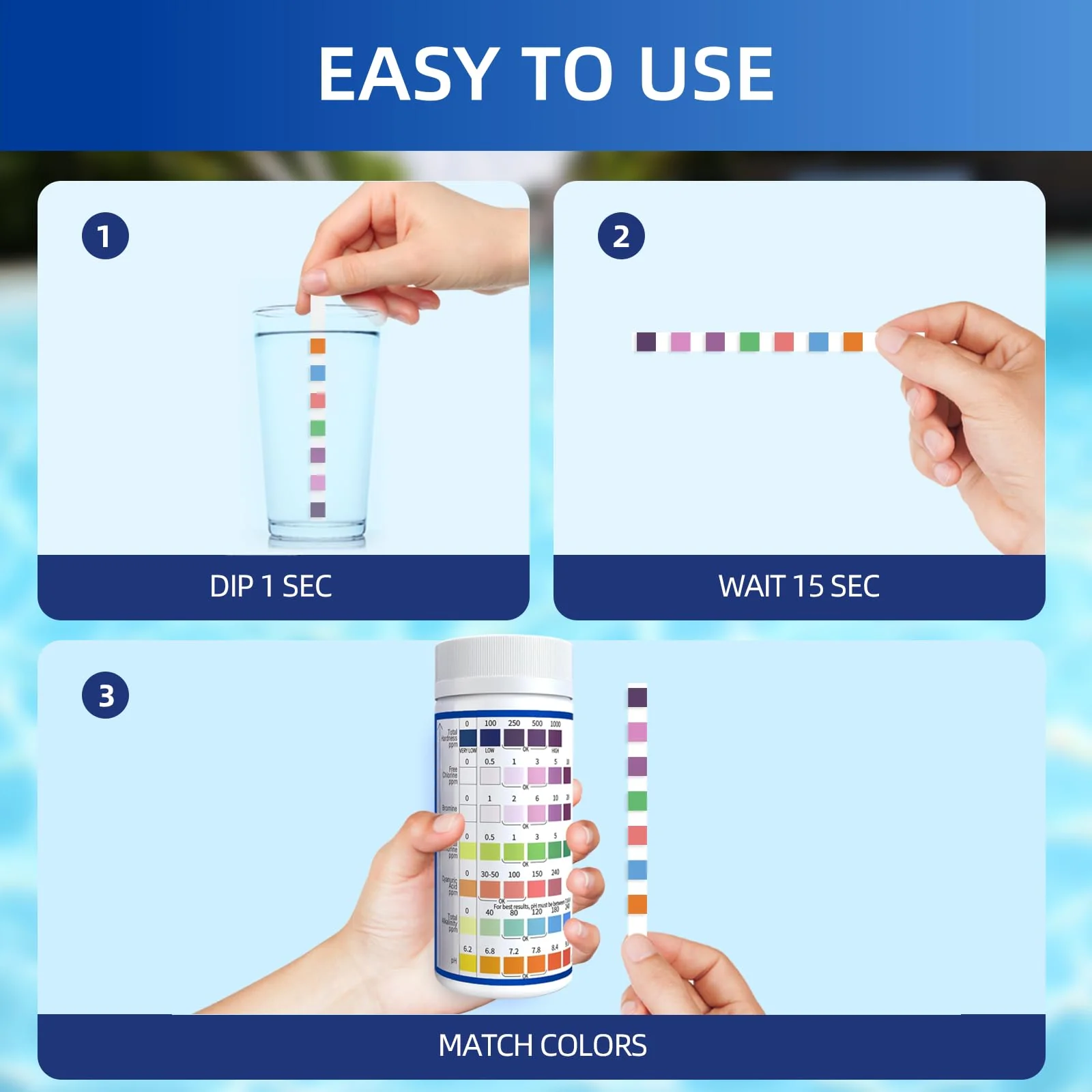 HYCHEK 7 in 1 Accurate Pool & Spa Test Strips, 150-Count Hot Tub Test Strips | Lab Recommended | Water Chemical Testing Kit for Bromine, Chlorine, pH, Hardness, More, Fast & Easy Test Way - Image 4