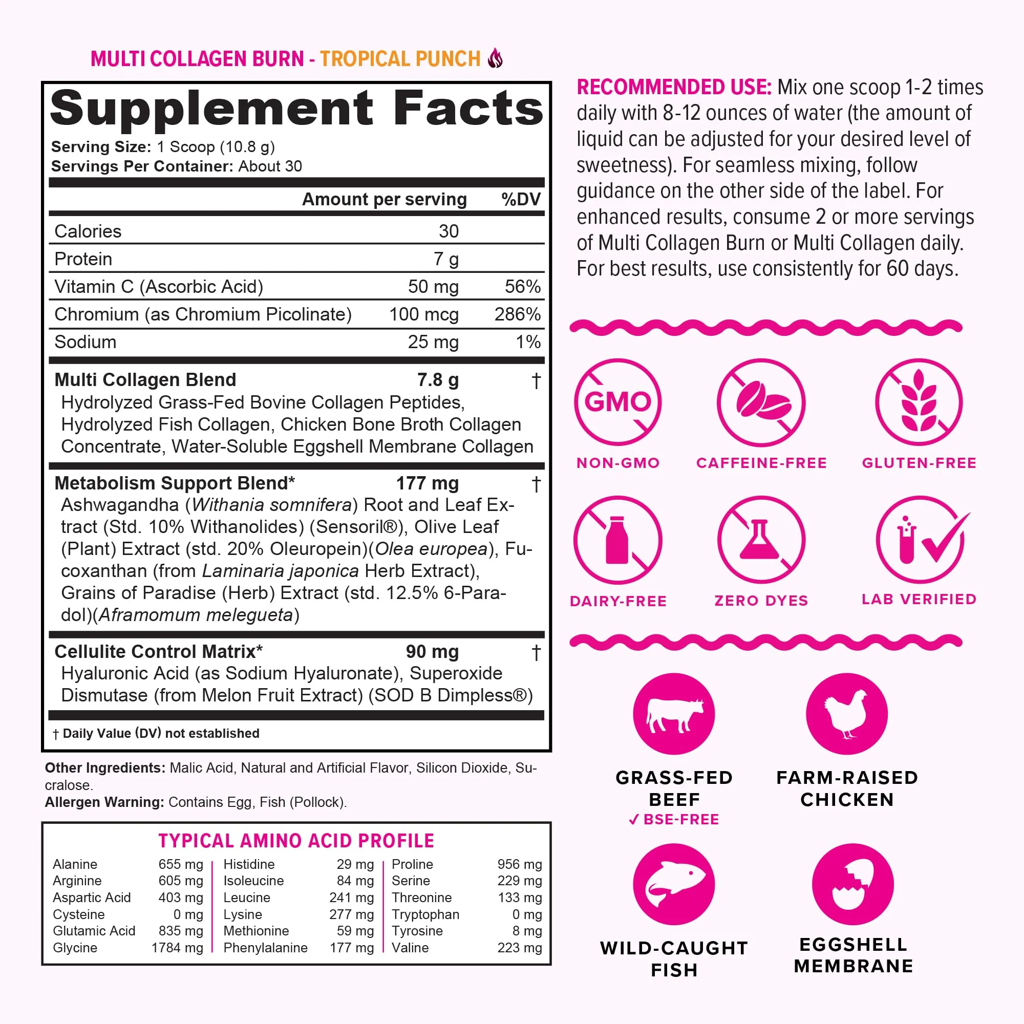Hydrolyzed Collagen Peptides Powder for Women - Slimming MultiCollagen Burn Ultimate Beauty Complex with Hyaluronic Acid Vitamin C & Types I II III V and X for Women Tropical Punch 30 Servings - Image 2