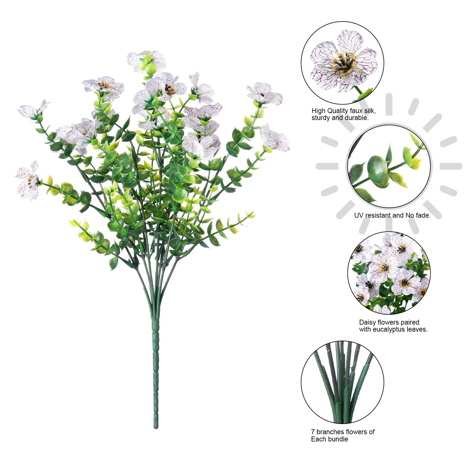 HyeFlora Artificial Flowers for Outdoor Indoor Garden Home Decoration, Faux Flower Daisy with Eucalyptus Leaves Fake Plants Greenery Boxwood Porch Patio, 12 Bundles (Creamy White) - Image 4