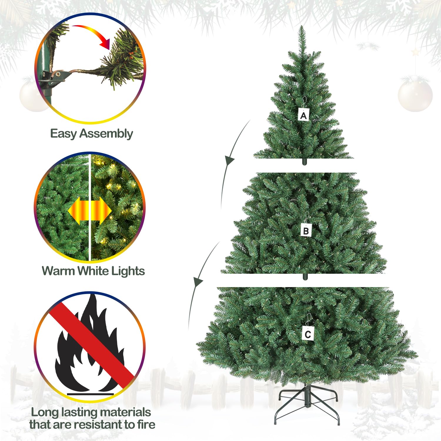 Hykolity 6 ft Prelit Christmas Tree, Artificial Christmas Tree with 250 Warm White Lights, 1032 Tips, Metal Stand and Hinged Branches - Image 2